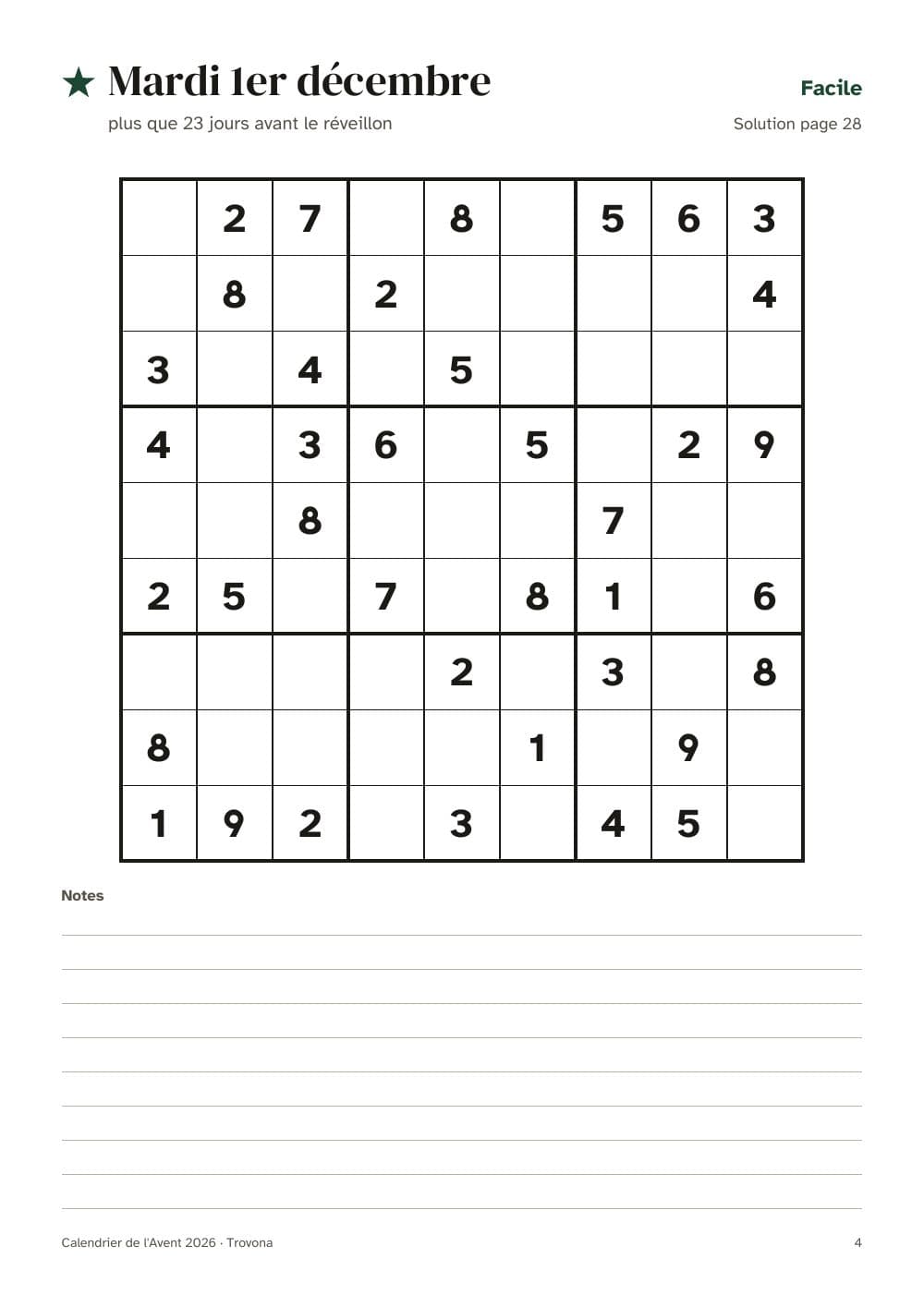1 December: an easy sudoku: page 4 of French Advent calendar printable 2026: 24 sudoku to Christmas Eve and December planner (in French)