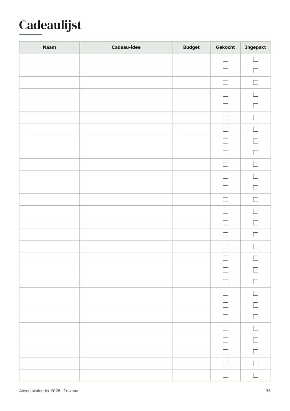 Geschenkliste: Name, Geschenkidee, Budget, gekauft, eingepackt: Seite 35 aus Rätsel-Adventskalender 2026 mit Dezemberplaner: 24 Sudoku bis Heiligabend (auf Niederländisch)