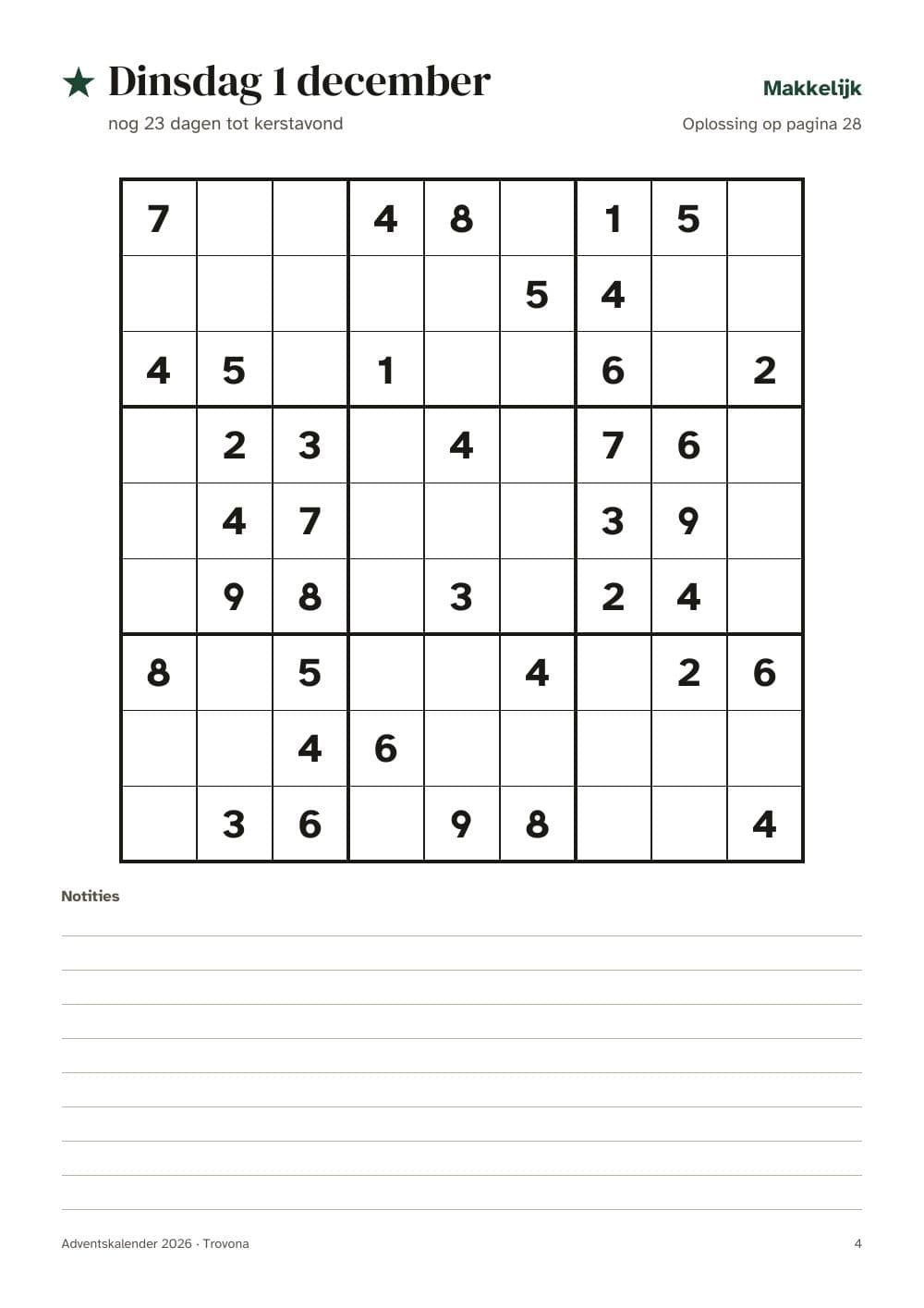 1. Dezember: ein leichtes Sudoku: Seite 4 aus Rätsel-Adventskalender 2026 mit Dezemberplaner: 24 Sudoku bis Heiligabend (auf Niederländisch)