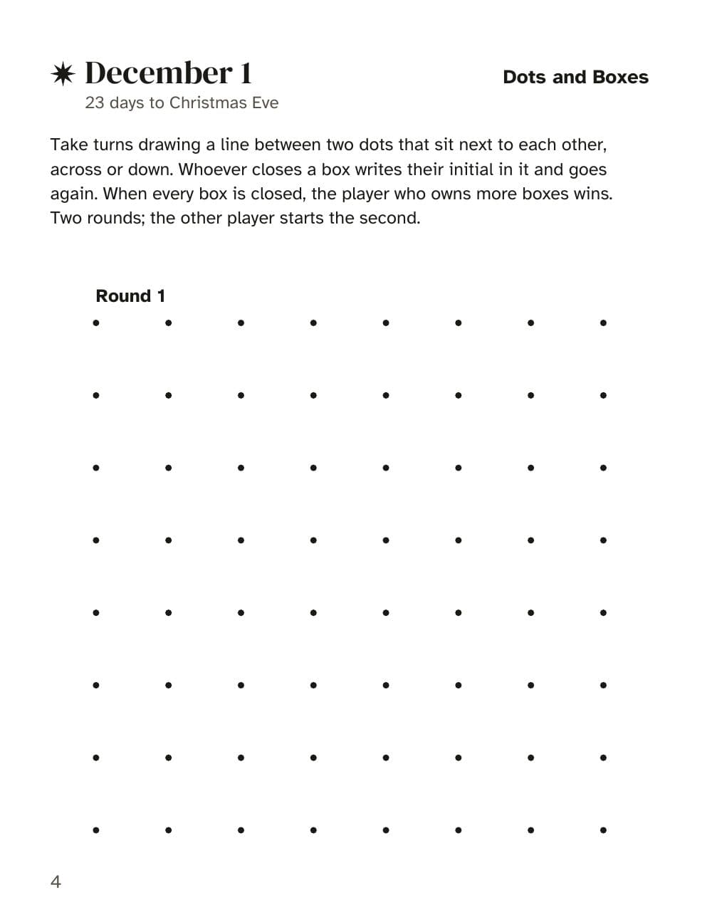 1. Dezember: Käsekästchen: Seite 4 aus Das Advents-Duell für zwei: 24 Spiele mit Stift und Papier (auf Englisch)