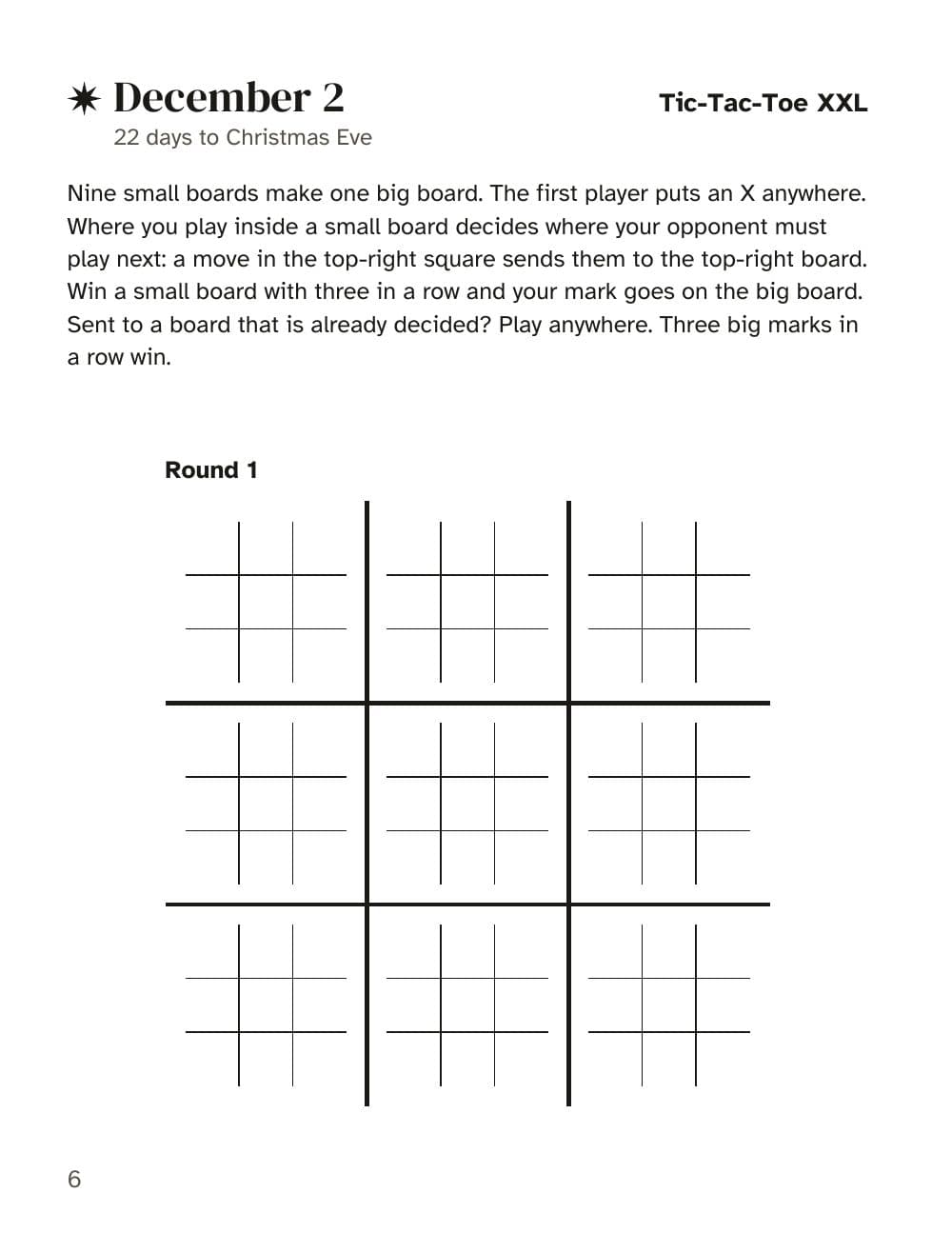 2. Dezember: Tic-Tac-Toe XXL: Seite 6 aus Das Advents-Duell für zwei: 24 Spiele mit Stift und Papier (auf Englisch)