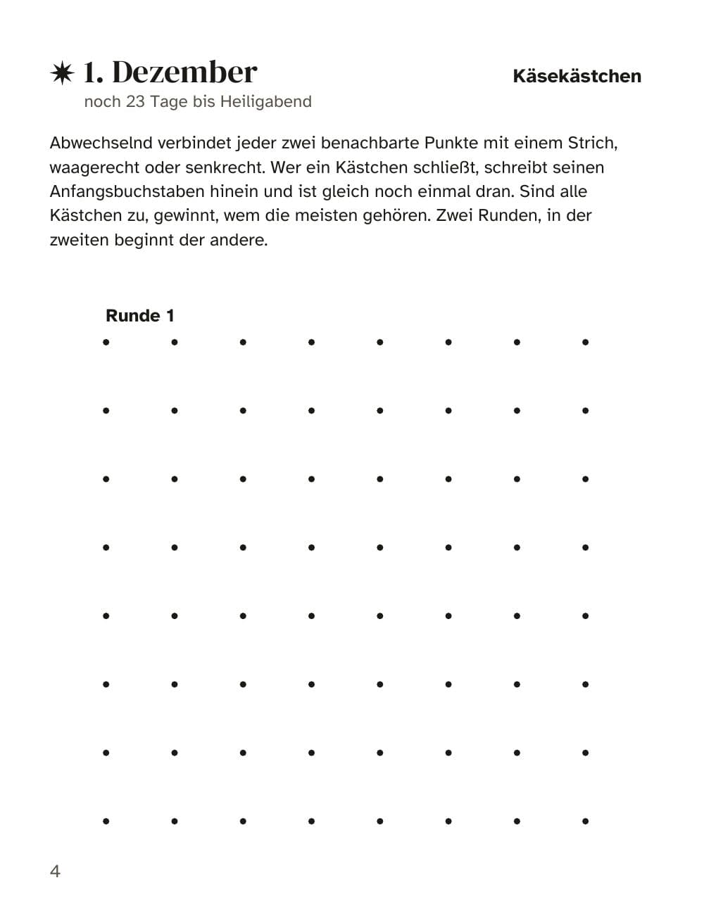 1. Dezember: Käsekästchen: Seite 4 aus Das Advents-Duell für zwei: 24 Spiele mit Stift und Papier