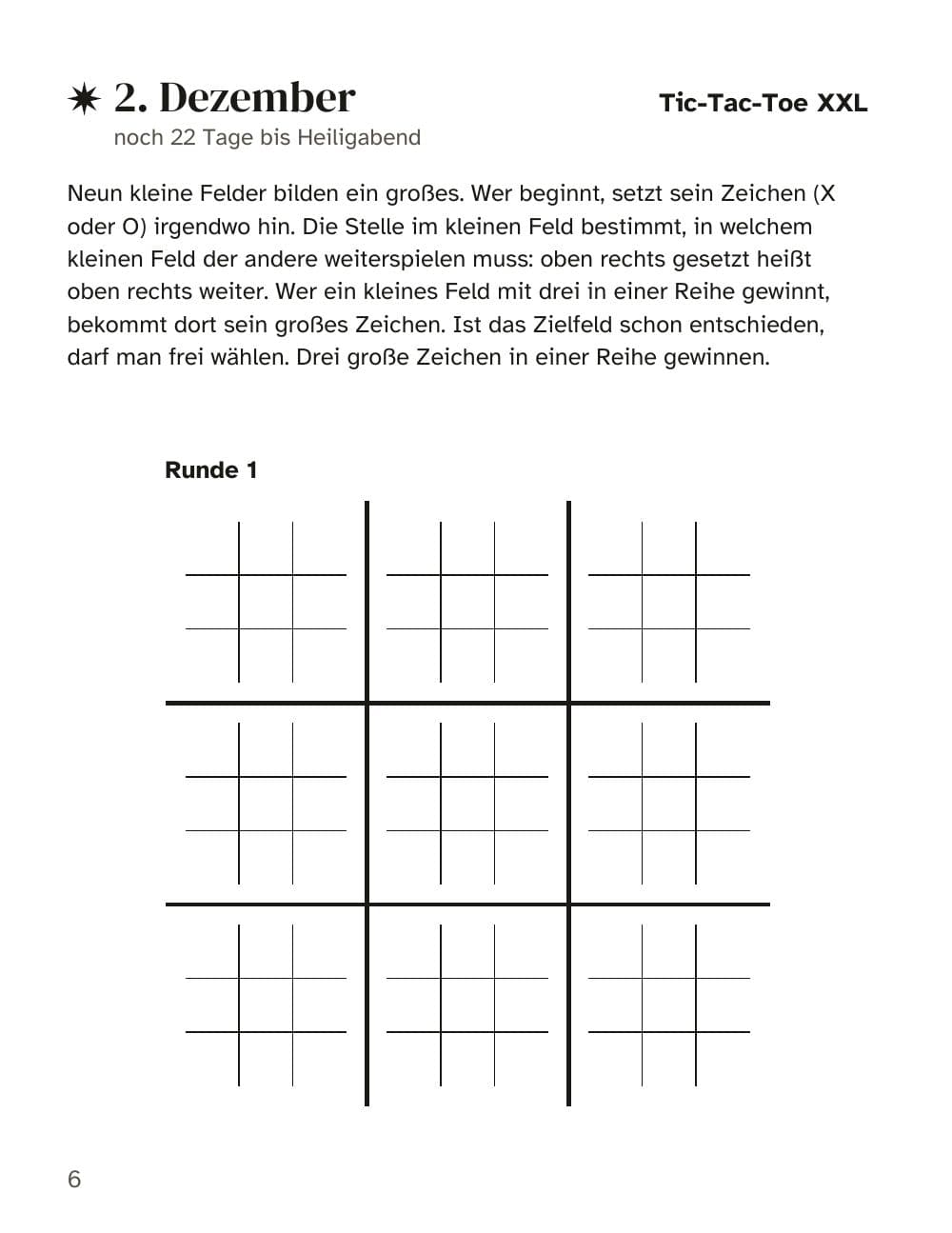 2. Dezember: Tic-Tac-Toe XXL: Seite 6 aus Das Advents-Duell für zwei: 24 Spiele mit Stift und Papier