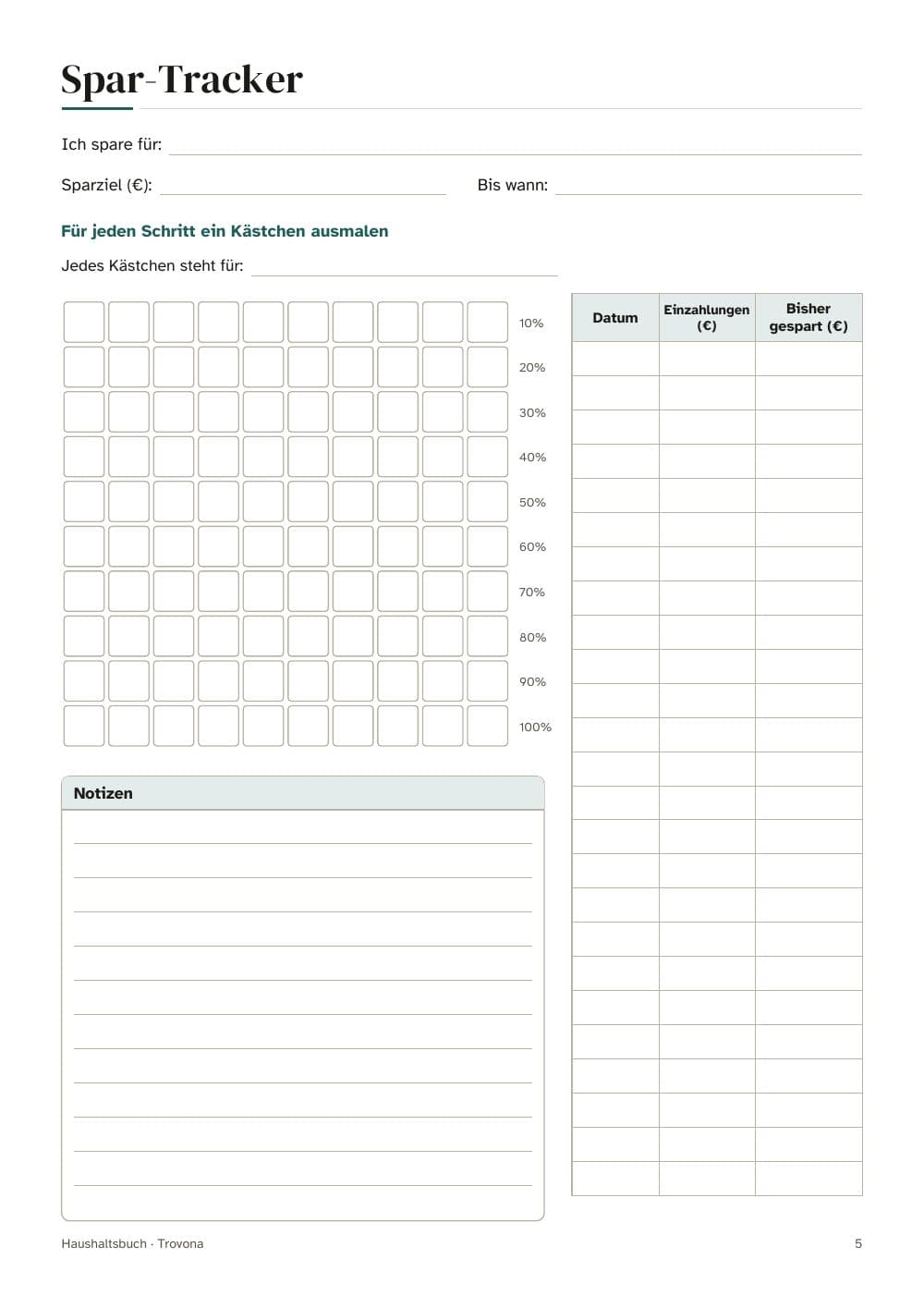 Savings tracker: colour a square for every step towards your goal: page 5 of Budget planner: monthly budget, expense log, savings and debt trackers (in German)