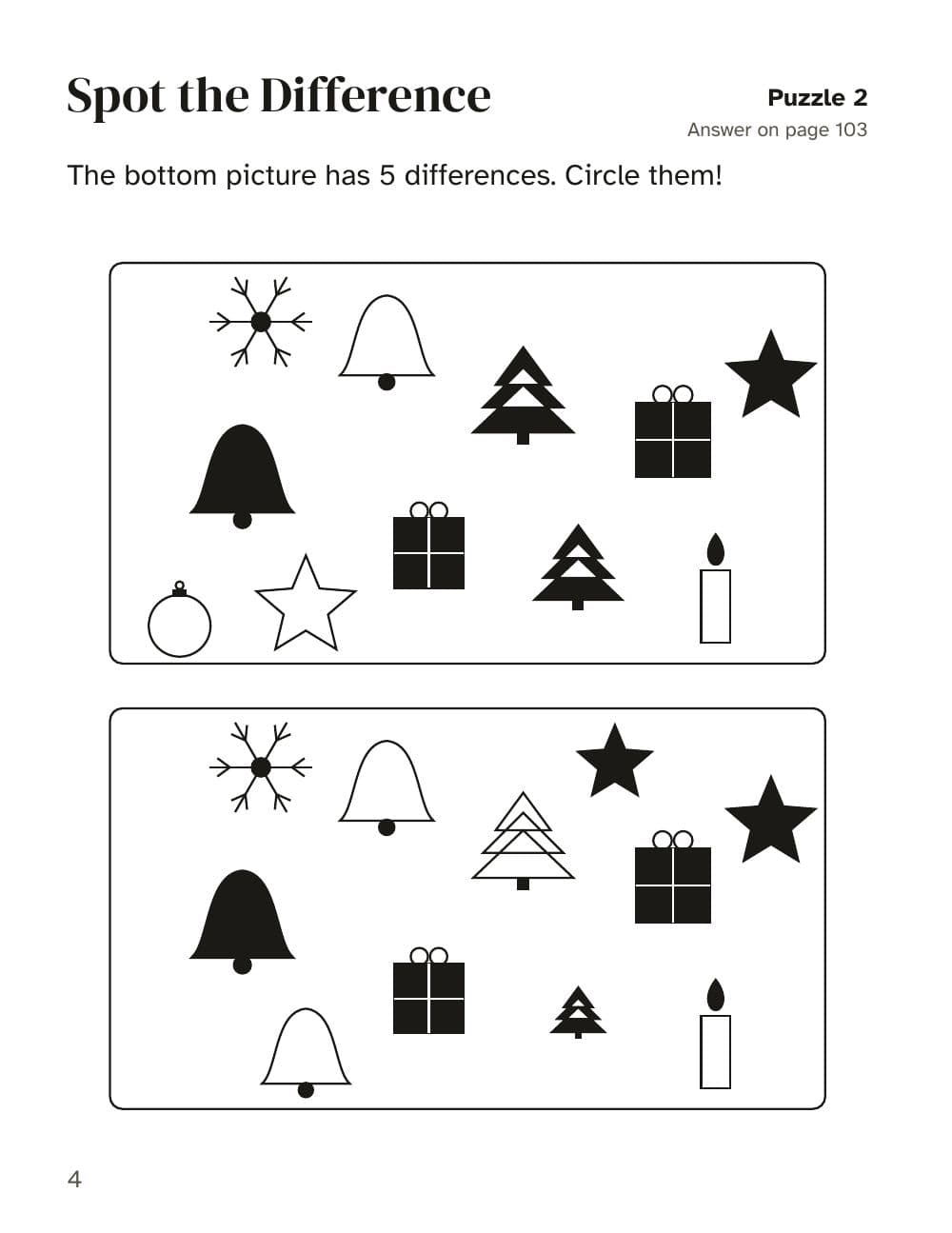 Spot the difference: 5 differences to circle (puzzle 2): page 4 of Christmas activity book for kids aged 6 to 8: 100 puzzles