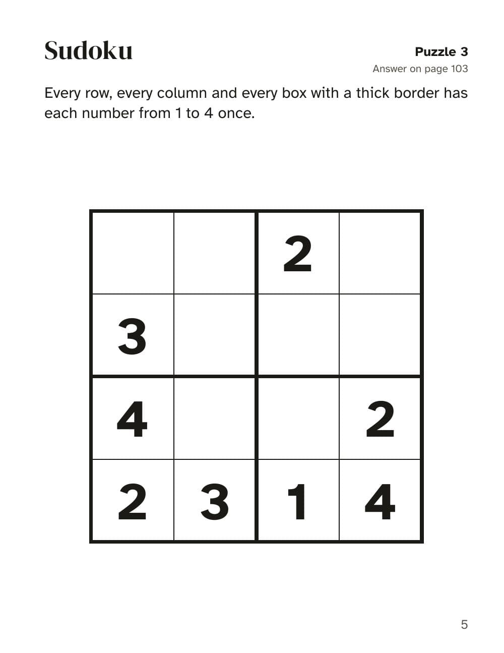 Sudoku with the numbers 1 to 4 (puzzle 3): page 5 of Christmas activity book for kids aged 6 to 8: 100 puzzles