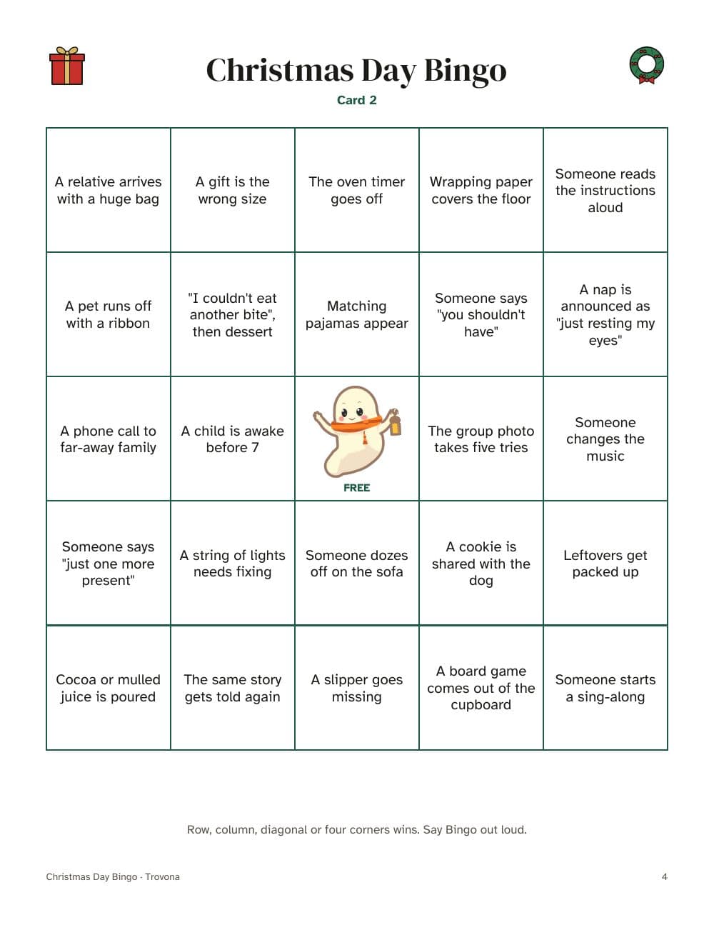Page 4 du pack : page 4 de Bingo de Noël en famille : 16 cartes de moments de la journée (en anglais)