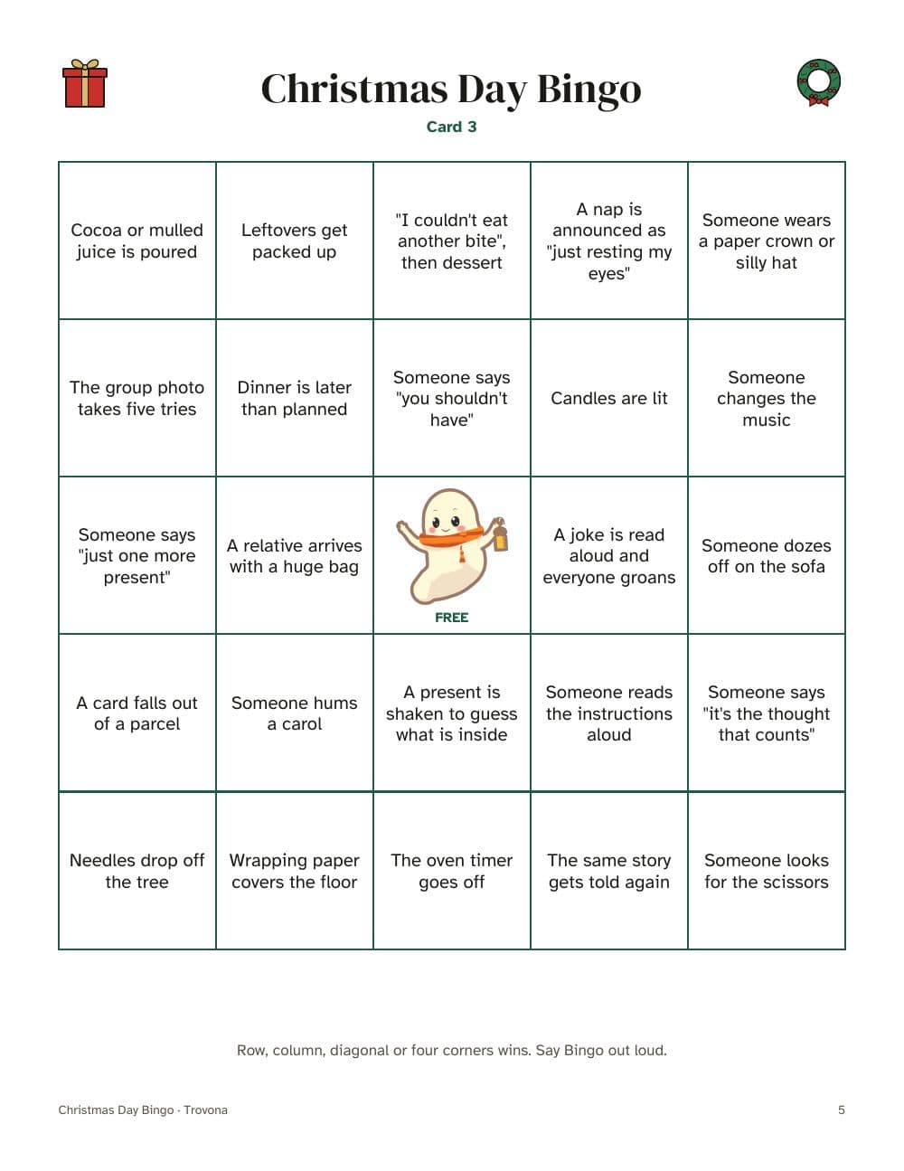 Page 5 du pack : page 5 de Bingo de Noël en famille : 16 cartes de moments de la journée (en anglais)