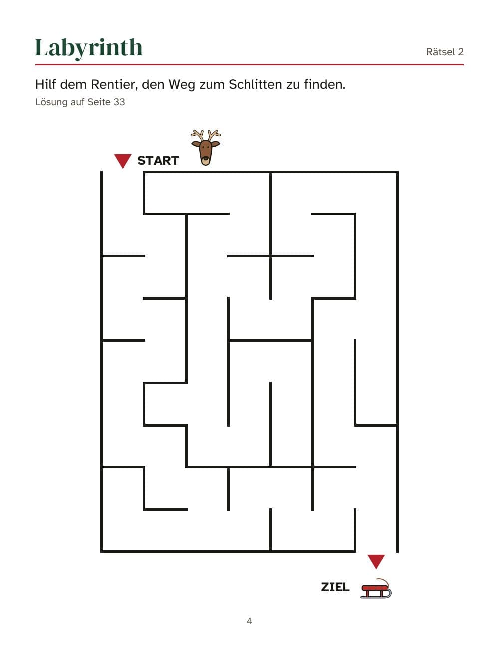 Labyrinth: Hilf dem Rentier, den Weg zum Schlitten zu finden (Rätsel 2): Seite 4 aus Weihnachts-Rätselheft für Kinder von 6 bis 9 Jahren: 25 Aufgaben und ein Bilder-Bingo