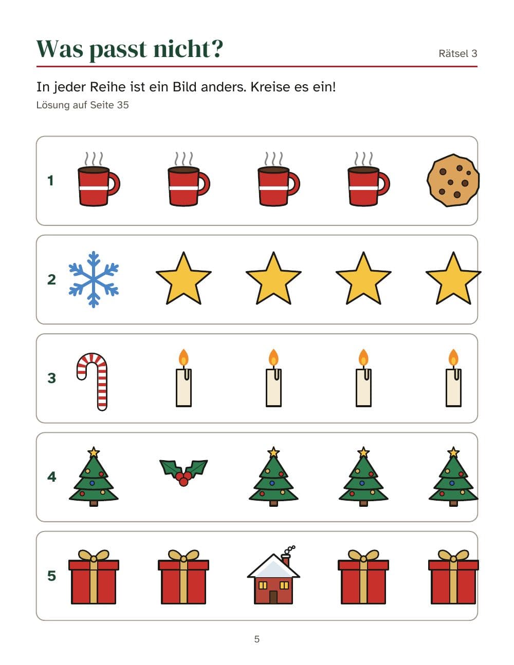 Was passt nicht? In jeder Reihe ist ein Bild anders (Rätsel 3): Seite 5 aus Weihnachts-Rätselheft für Kinder von 6 bis 9 Jahren: 25 Aufgaben und ein Bilder-Bingo