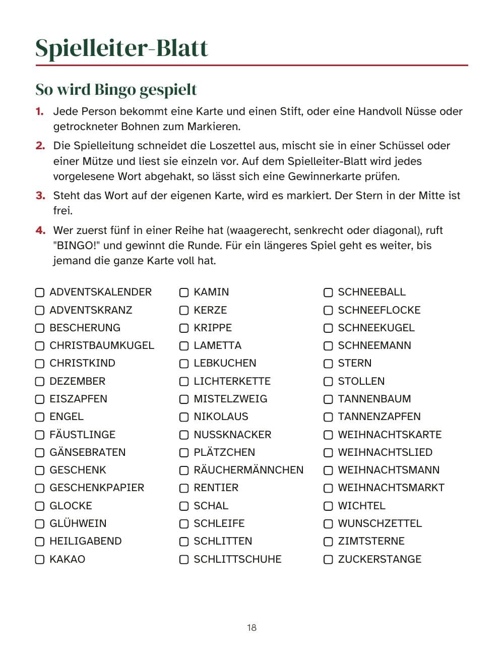 Das Spielleiter-Blatt: die Spielregeln und die Wörter zum Abhaken: Seite 18 aus Weihnachtliche Partyspiele für Jugendliche und Erwachsene: Bingo mit 30 Karten, Quiz, Pantomime und mehr