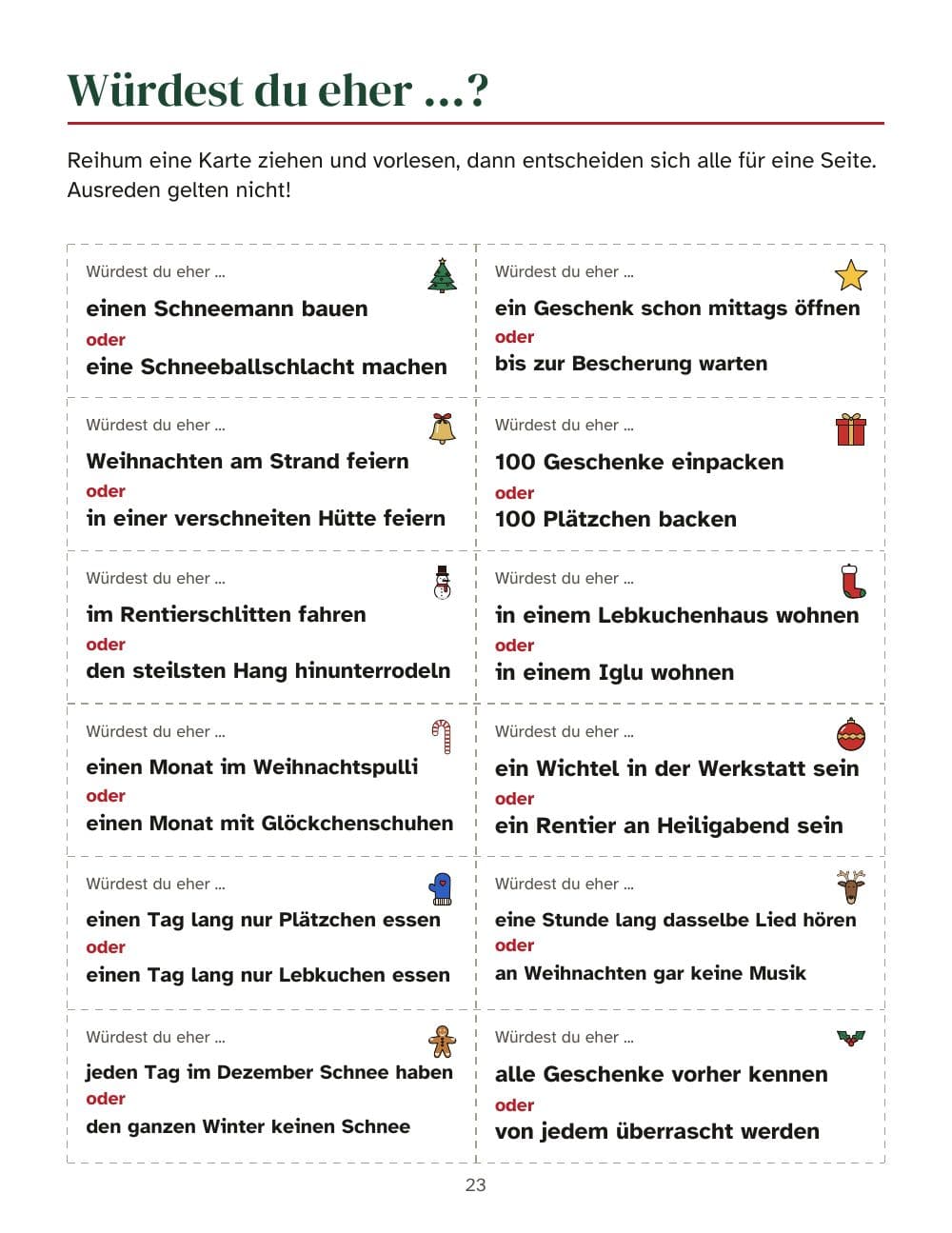Würdest du eher ...?: 12 Karten zum Ausschneiden: Seite 23 aus Weihnachtliche Partyspiele für Jugendliche und Erwachsene: Bingo mit 30 Karten, Quiz, Pantomime und mehr