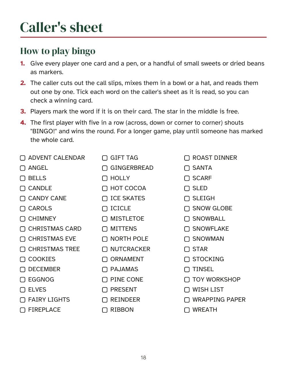 The caller's sheet: how to play, and the words to tick off: page 18 of Christmas party games for teens and adults: bingo with 30 cards, quiz, charades and more