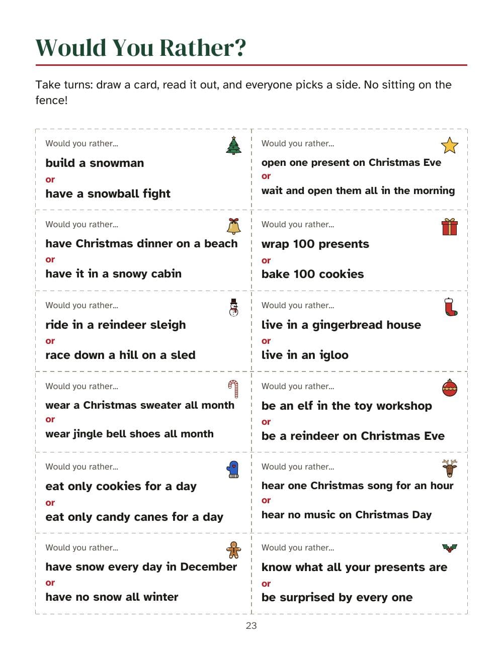 Would you rather: 12 cards to cut out: page 23 of Christmas party games for teens and adults: bingo with 30 cards, quiz, charades and more