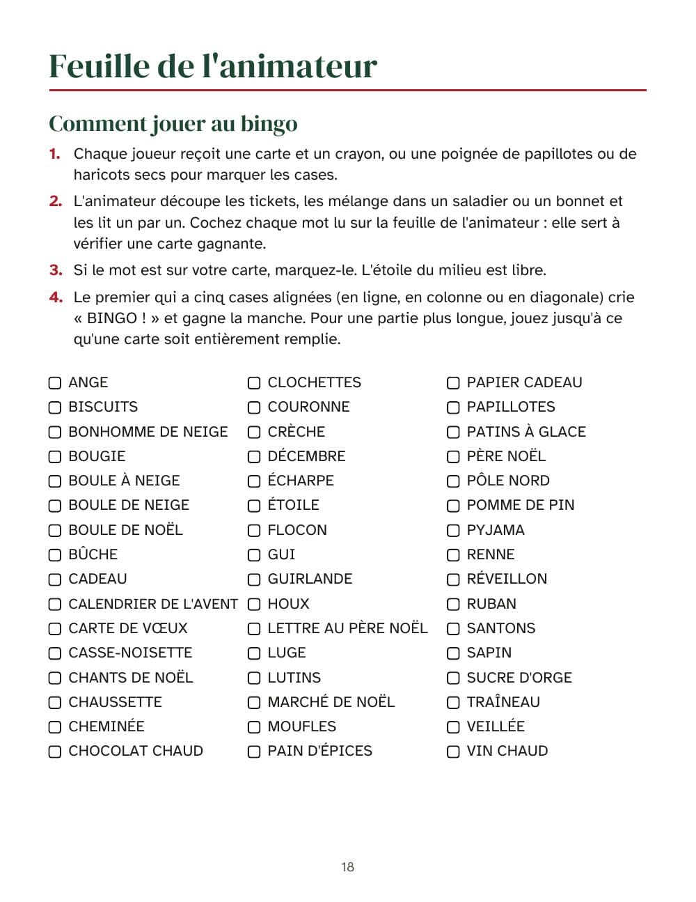 La feuille de l'animateur : la règle du jeu et les mots à cocher : page 18 de Jeux de soirée de Noël pour ados et adultes : bingo de 30 cartes, quiz, mime et d'autres jeux