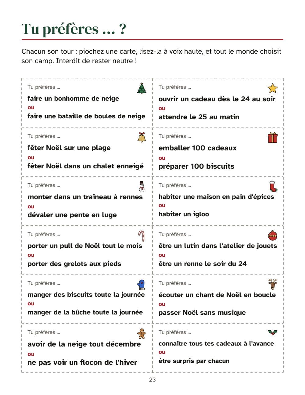 Tu préfères ? : 12 cartes à découper : page 23 de Jeux de soirée de Noël pour ados et adultes : bingo de 30 cartes, quiz, mime et d'autres jeux