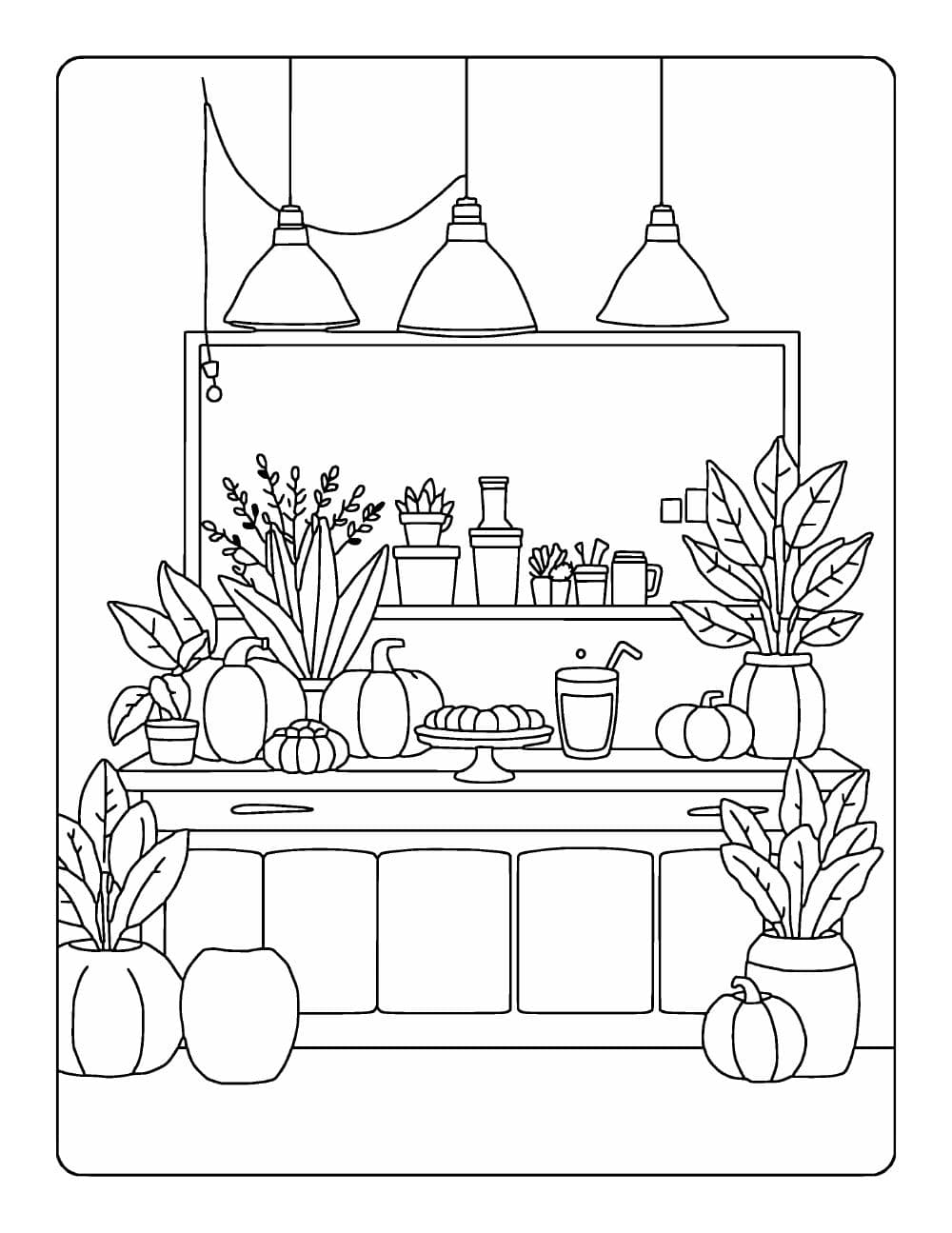 Een keukenkast met pompoenen, planten en taart: pagina 3 van Gezellige herfstkleurplaten voor volwassenen en tieners: 40 herfsttaferelen