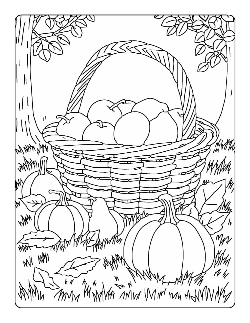 Een mand appels onder een boom, met pompoenen in het gras: pagina 4 van Gezellige herfstkleurplaten voor volwassenen en tieners: 40 herfsttaferelen