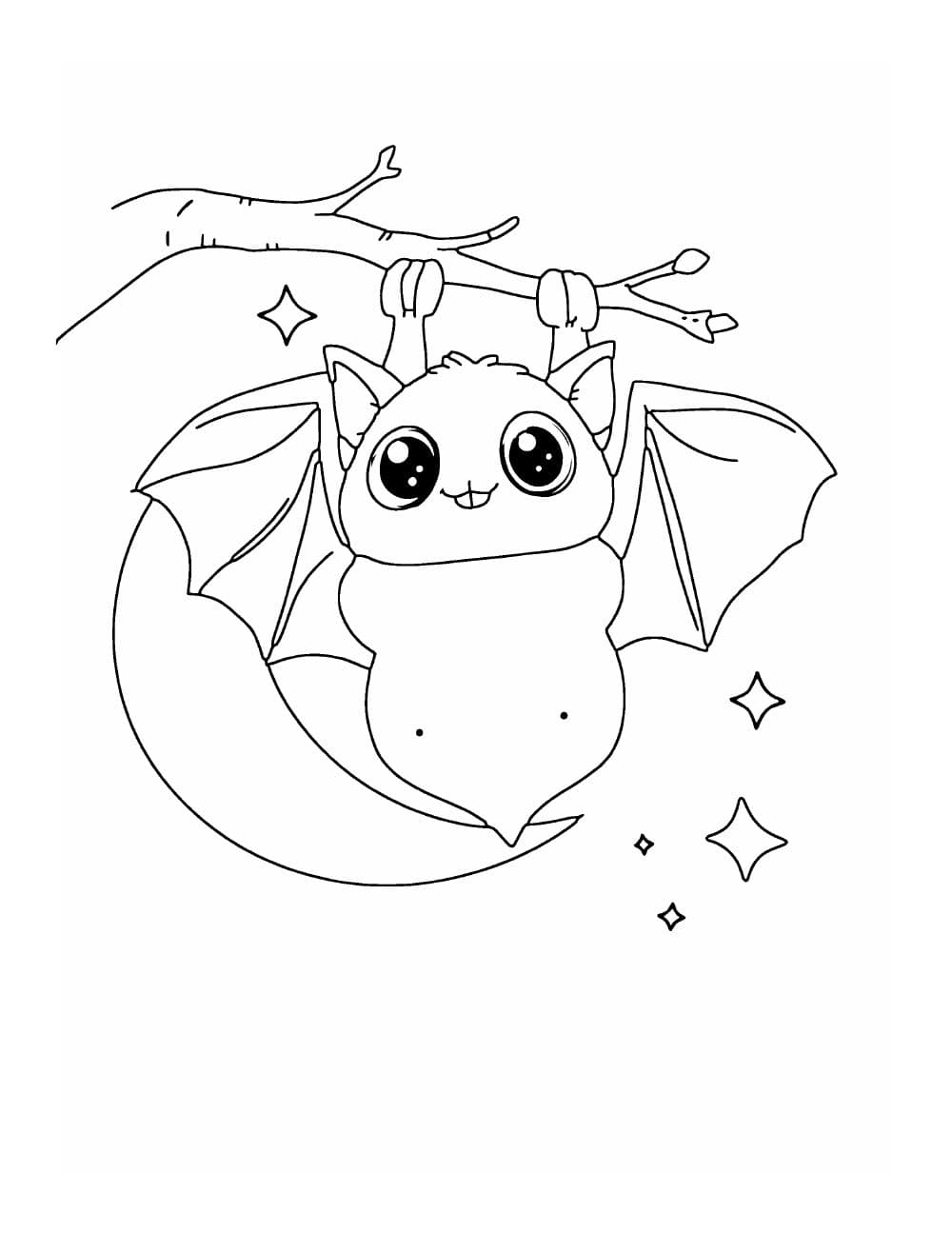 Une chauve-souris suspendue à une branche devant la lune : page 3 de Coloriages d'Halloween mignons pour adultes et ados : 40 dessins