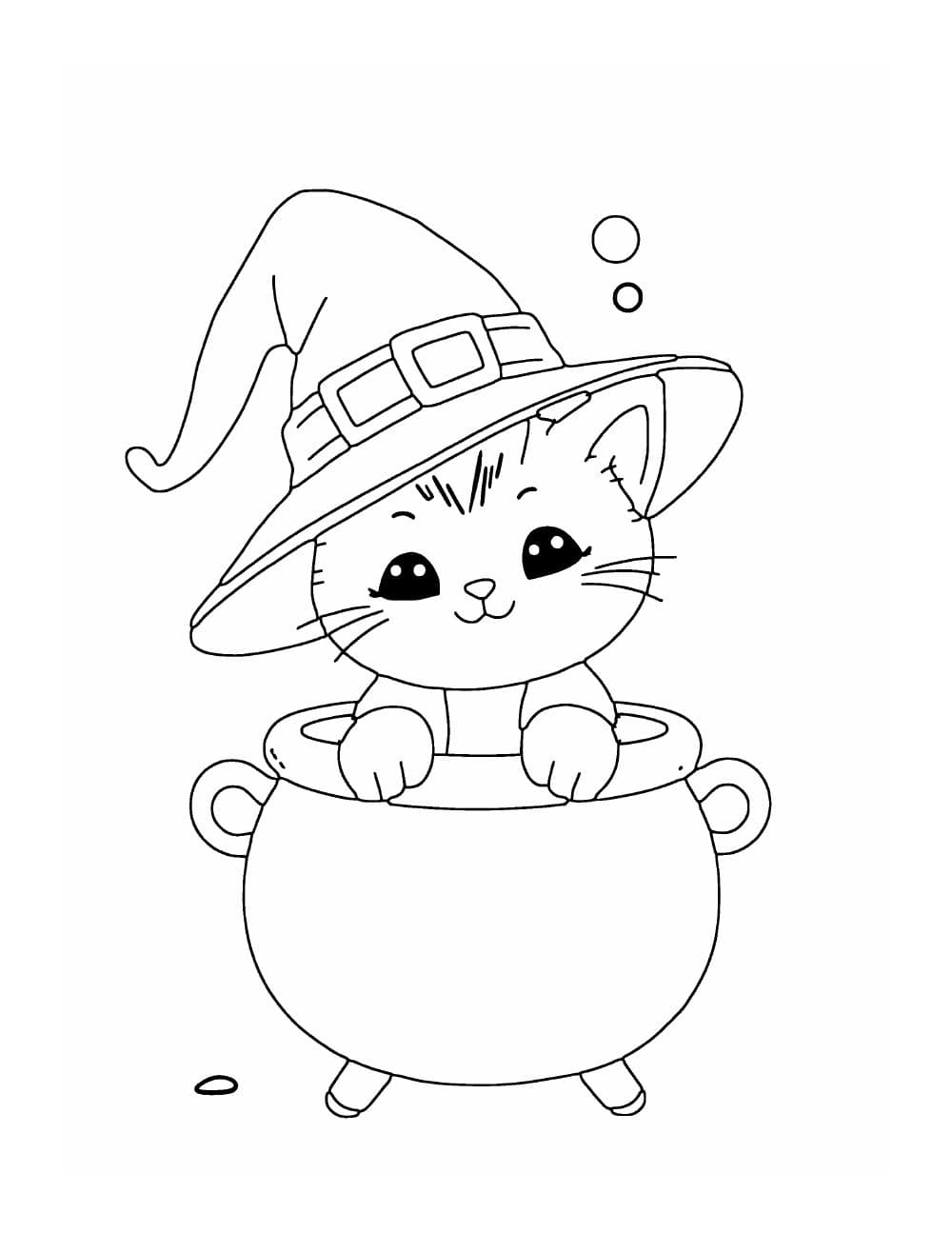 Un chaton coiffé d'un chapeau de sorcière qui sort d'un chaudron : page 4 de Coloriages d'Halloween mignons pour adultes et ados : 40 dessins