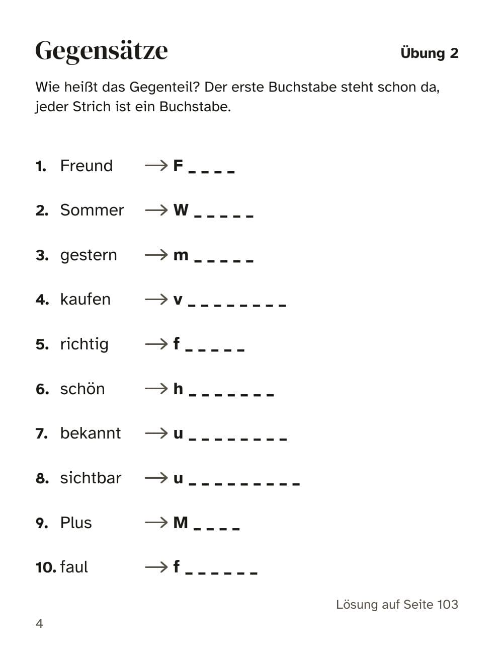 Exercise 2: opposites: page 4 of Memory training for seniors: 100 large-print exercises (in German)