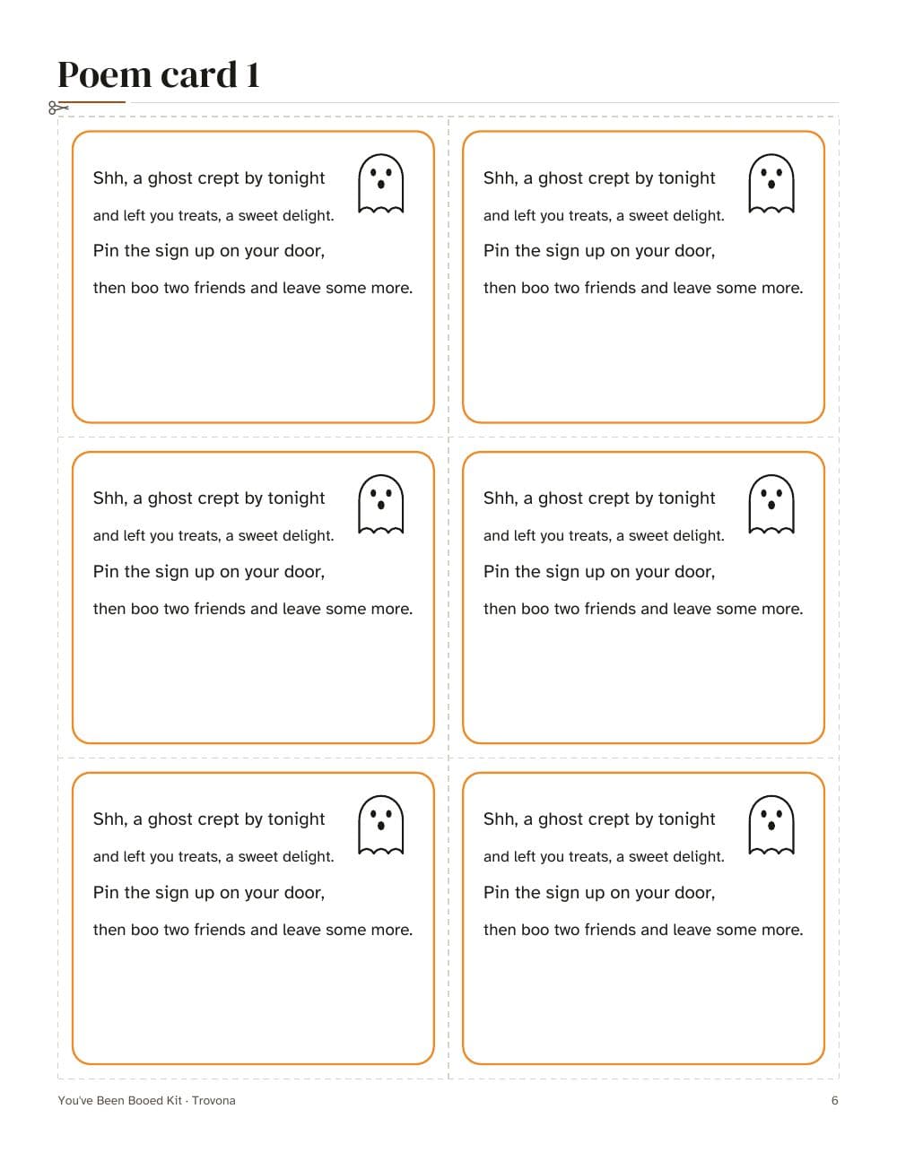 Gedichtkarte 1: vier Karten auf einer Seite: Seite 6 aus Du wurdest gebuht Set: Türschilder, Gedichtkarten und Anhänger für den Boo-Korb (auf Englisch)