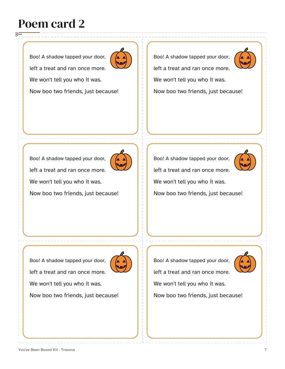 Gedichtkarte 2: vier Karten auf einer Seite: Seite 7 aus Du wurdest gebuht Set: Türschilder, Gedichtkarten und Anhänger für den Boo-Korb (auf Englisch)