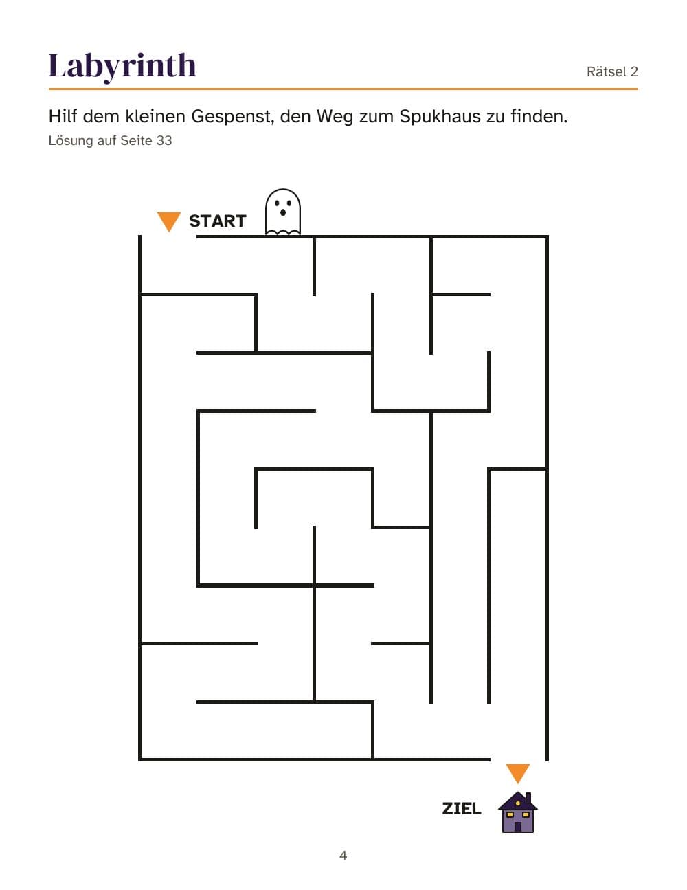 Labyrinth: das kleine Gespenst sucht das Spukhaus (Rätsel 2): Seite 4 aus Halloween-Rätselheft für Kinder von 6 bis 9 Jahren: 25 Aufgaben und ein Bilder-Bingo