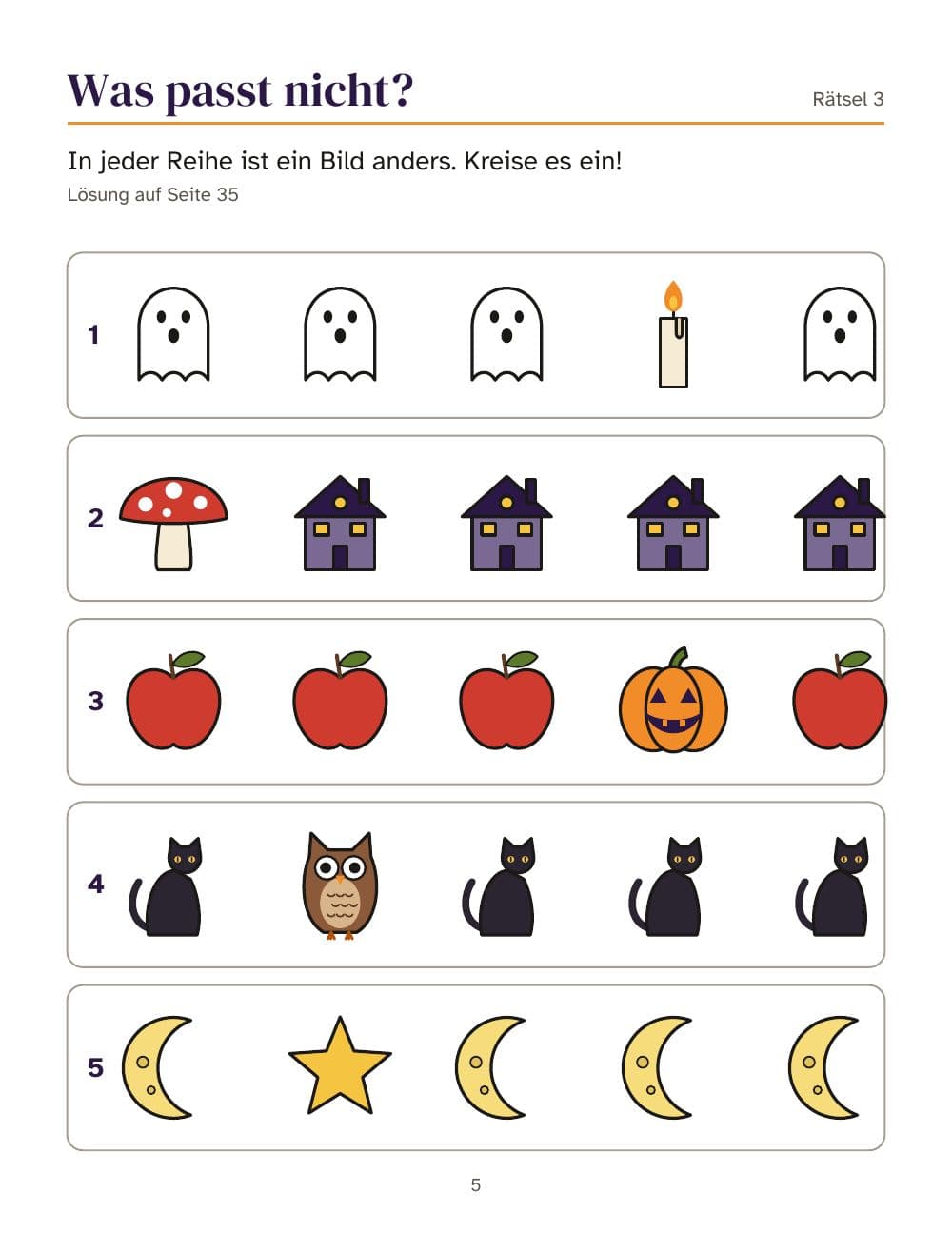 Was passt nicht? In jeder Reihe ist ein Bild anders (Rätsel 3): Seite 5 aus Halloween-Rätselheft für Kinder von 6 bis 9 Jahren: 25 Aufgaben und ein Bilder-Bingo