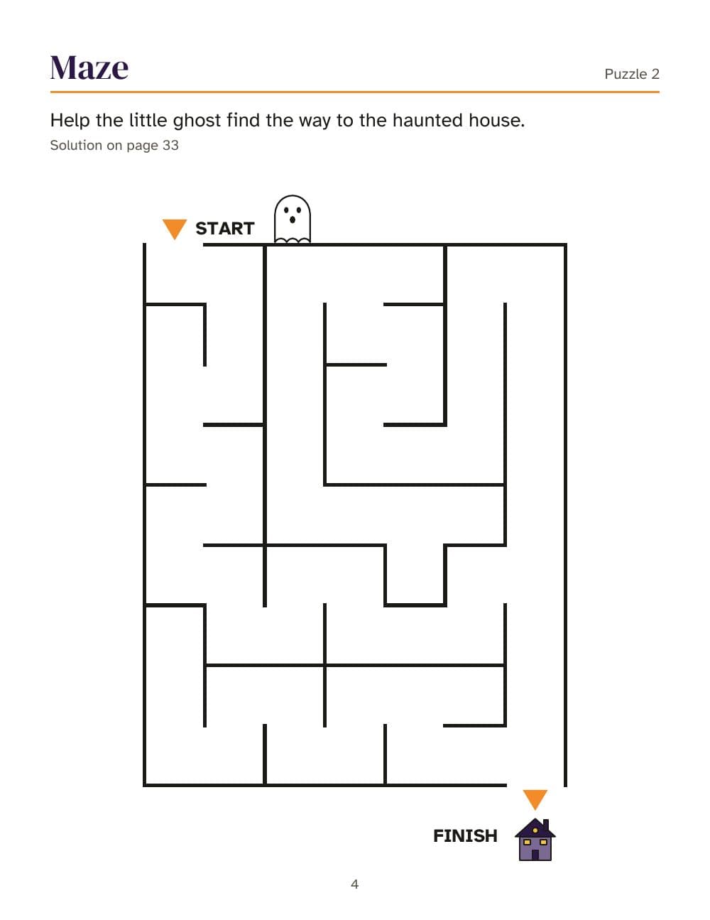 Labyrinthe : le petit fantôme cherche la maison hantée (jeu 2) : page 4 de Cahier d'activités d'Halloween pour les 6 à 9 ans : 25 activités et un bingo en images (en anglais)