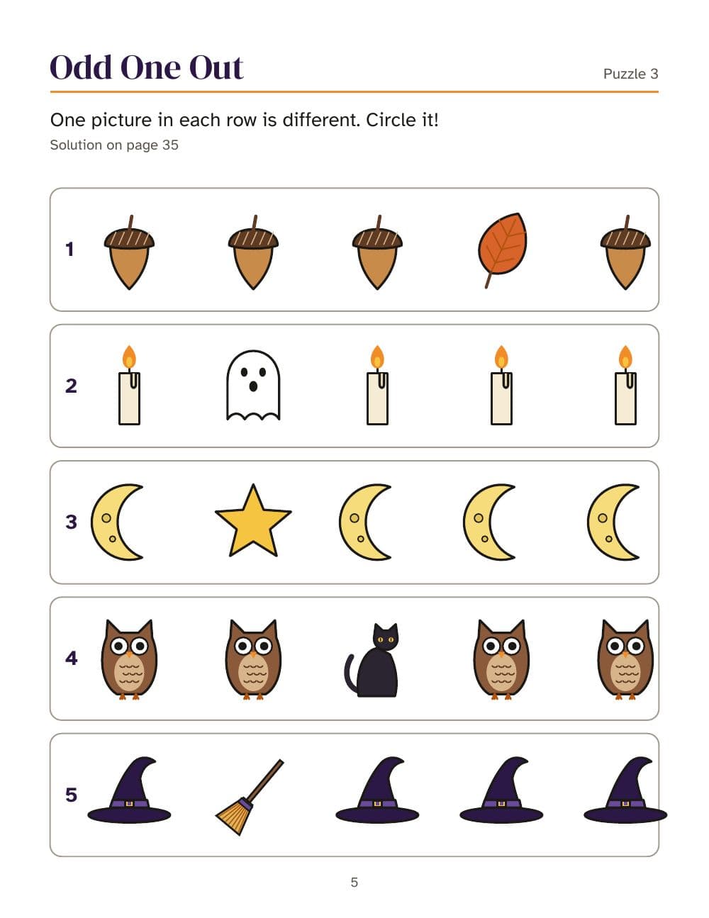 Cherche l'intrus : dans chaque rangée, une image est différente (jeu 3) : page 5 de Cahier d'activités d'Halloween pour les 6 à 9 ans : 25 activités et un bingo en images (en anglais)
