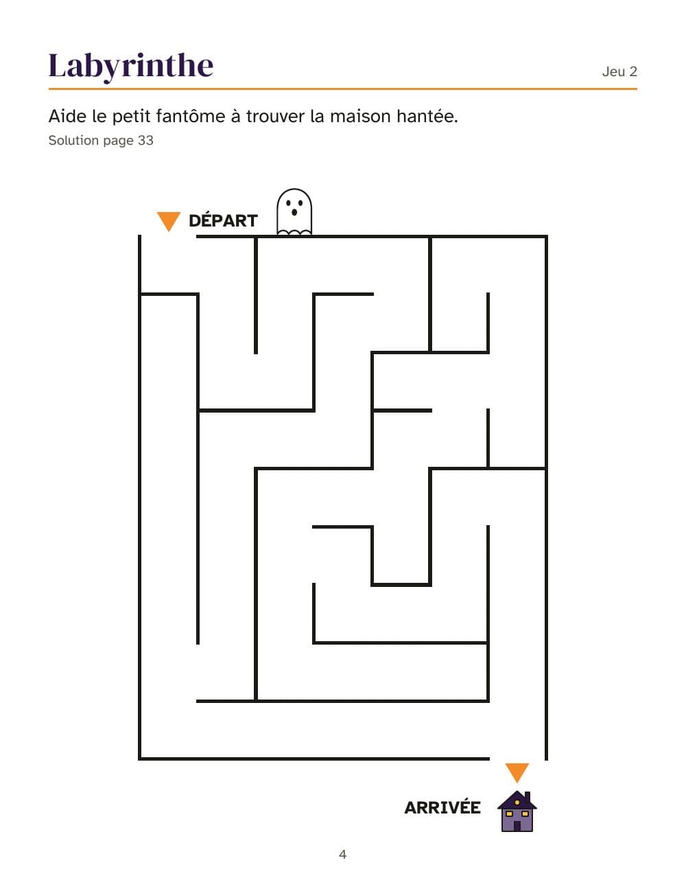 Labyrinth: das kleine Gespenst sucht das Spukhaus (Rätsel 2): Seite 4 aus Halloween-Rätselheft für Kinder von 6 bis 9 Jahren: 25 Aufgaben und ein Bilder-Bingo (auf Französisch)