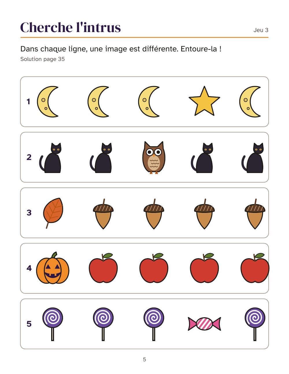 Was passt nicht? In jeder Reihe ist ein Bild anders (Rätsel 3): Seite 5 aus Halloween-Rätselheft für Kinder von 6 bis 9 Jahren: 25 Aufgaben und ein Bilder-Bingo (auf Französisch)