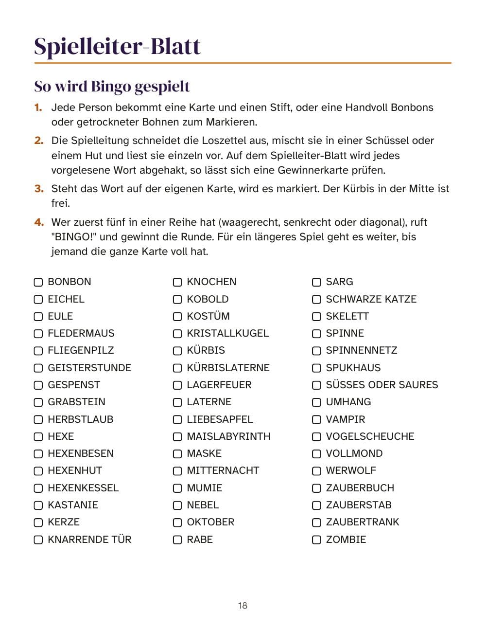Das Spielleiter-Blatt: die Spielregeln und die Wörter zum Abhaken: Seite 18 aus Halloween-Partyspiele für Jugendliche und Erwachsene: Bingo mit 30 Karten, Quiz, Pantomime und mehr