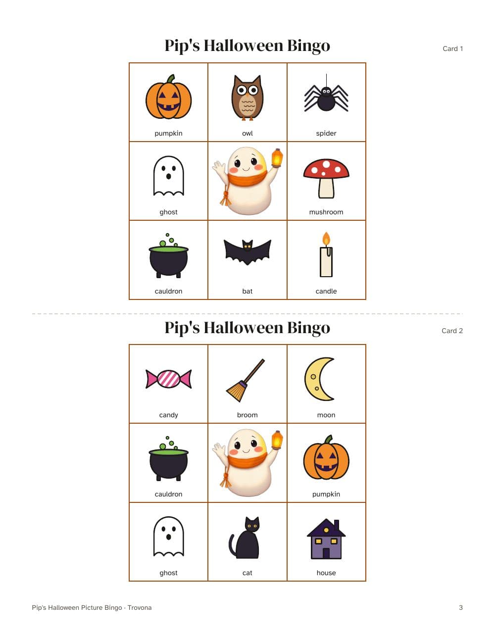 Seite 3 des Pakets: Seite 3 aus Halloween-Bildbingo: 30 verschiedene Karten für Kinder (auf Englisch)
