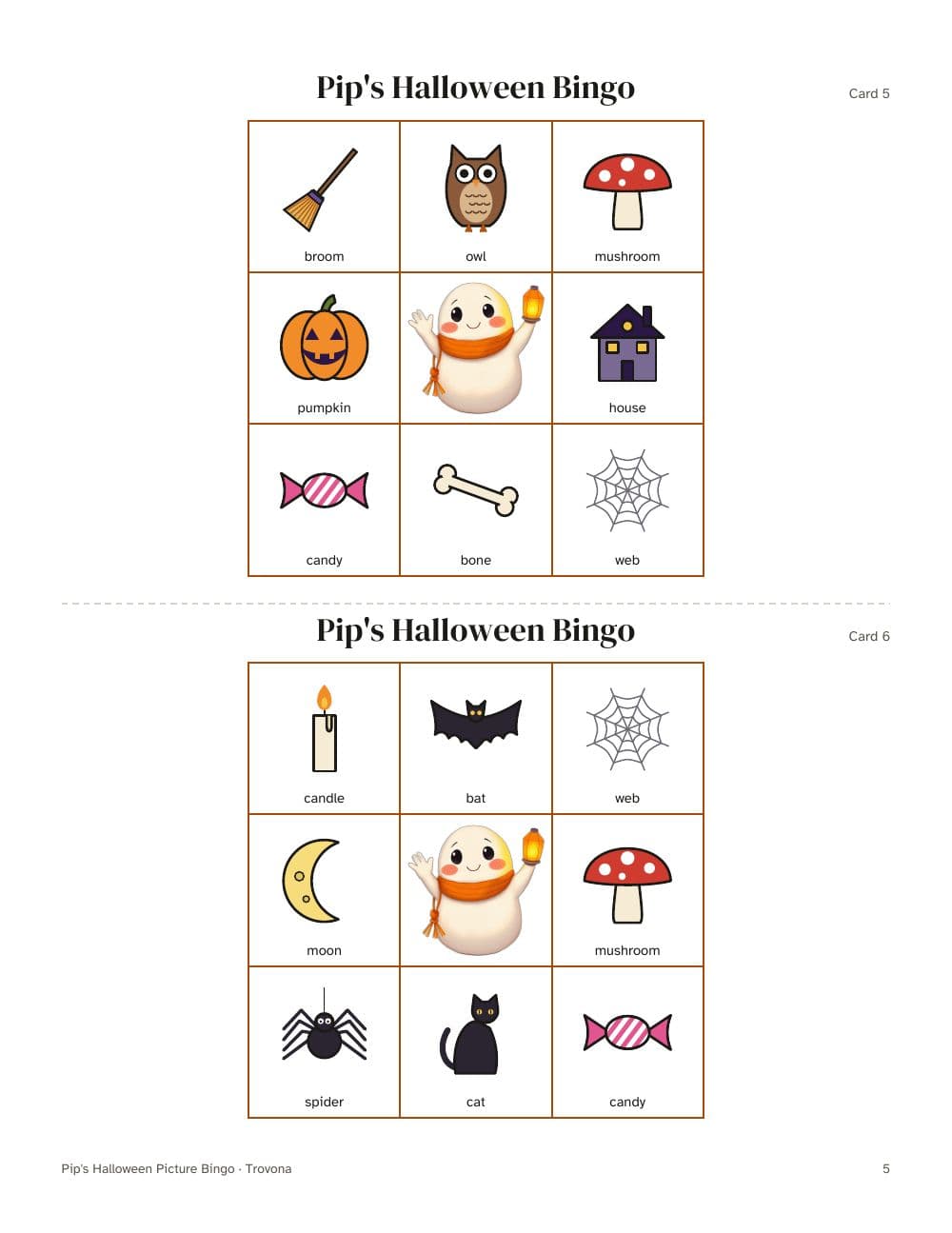 Seite 5 des Pakets: Seite 5 aus Halloween-Bildbingo: 30 verschiedene Karten für Kinder (auf Englisch)