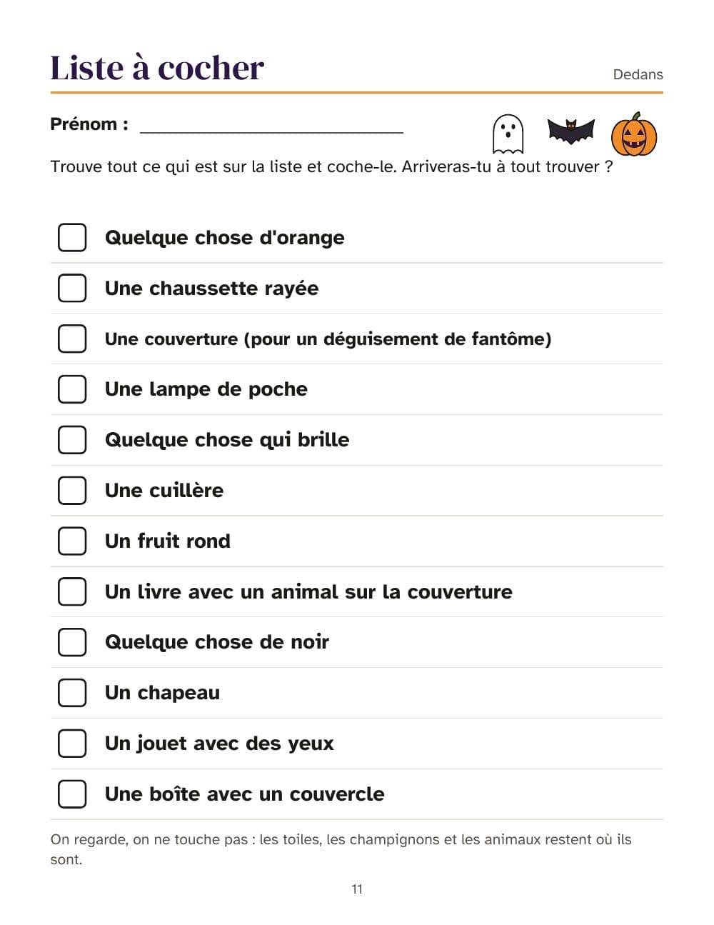 Suchliste für drinnen: Seite 11 aus Halloween-Schatzsuche für Kinder: Hinweise in Reimen für drinnen und draußen (auf Französisch)