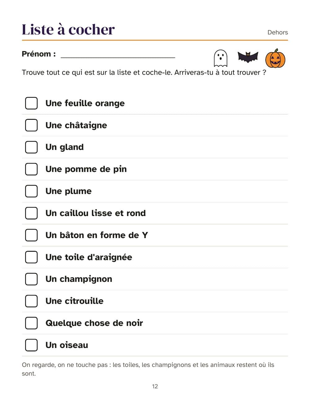 Suchliste für draußen: Seite 12 aus Halloween-Schatzsuche für Kinder: Hinweise in Reimen für drinnen und draußen (auf Französisch)