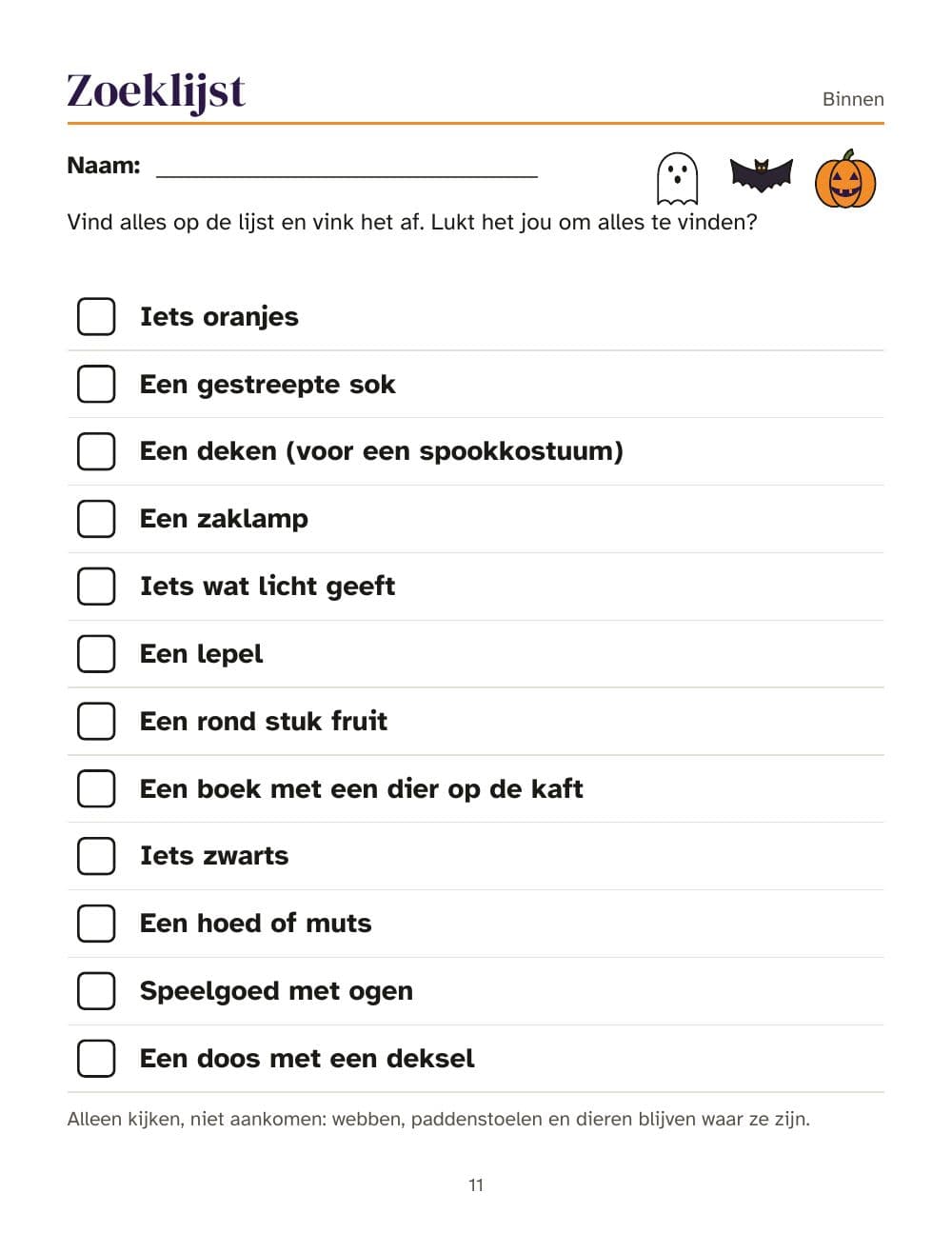 Suchliste für drinnen: Seite 11 aus Halloween-Schatzsuche für Kinder: Hinweise in Reimen für drinnen und draußen (auf Niederländisch)