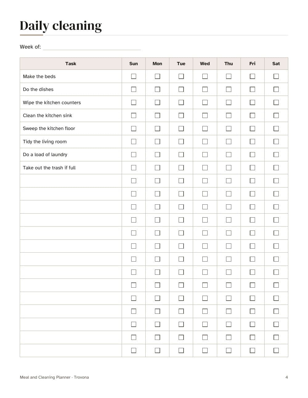 Elke dag schoonmaken: een afvinklijst met dagelijkse taken voor een week: pagina 4 van Weekmenu en schoonmaakschema: maaltijdplanner, boodschappenlijst en receptkaarten (in het Engels)