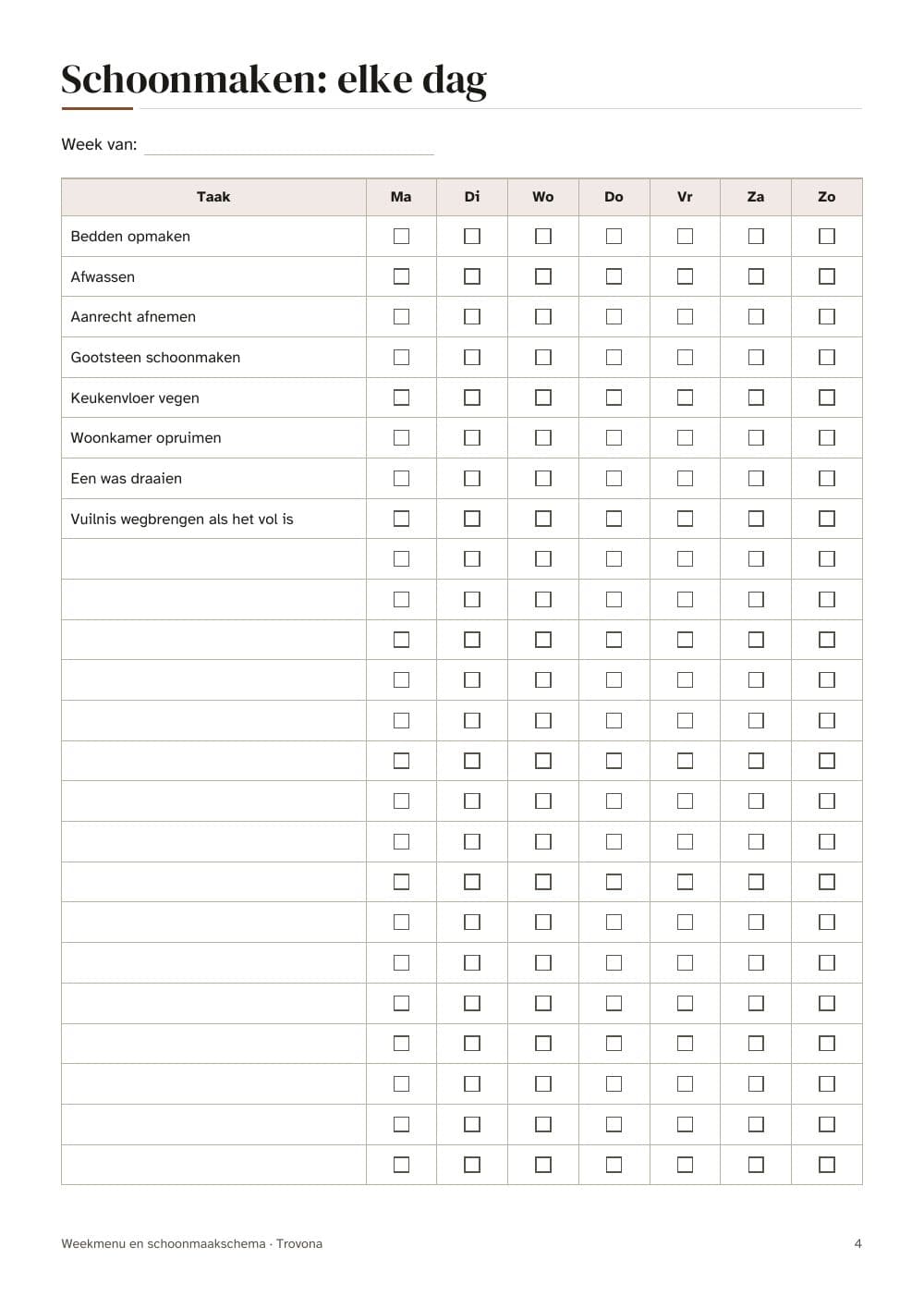 Täglich putzen: eine Checkliste mit den Aufgaben für jeden Tag einer Woche: Seite 4 aus Essensplan und Putzplan: Wochenmenü, Einkaufsliste und Rezeptkarten (auf Niederländisch)