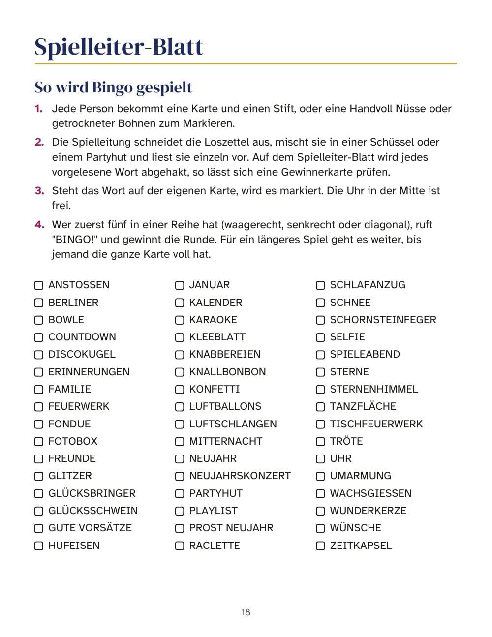Das Spielleiter-Blatt: die Spielregeln und die Wörter zum Abhaken: Seite 18 aus Silvester-Partyspiele: Bingo mit 30 Karten, Quiz, Vorsatzkarten für 2027 und Countdown bis Mitternacht