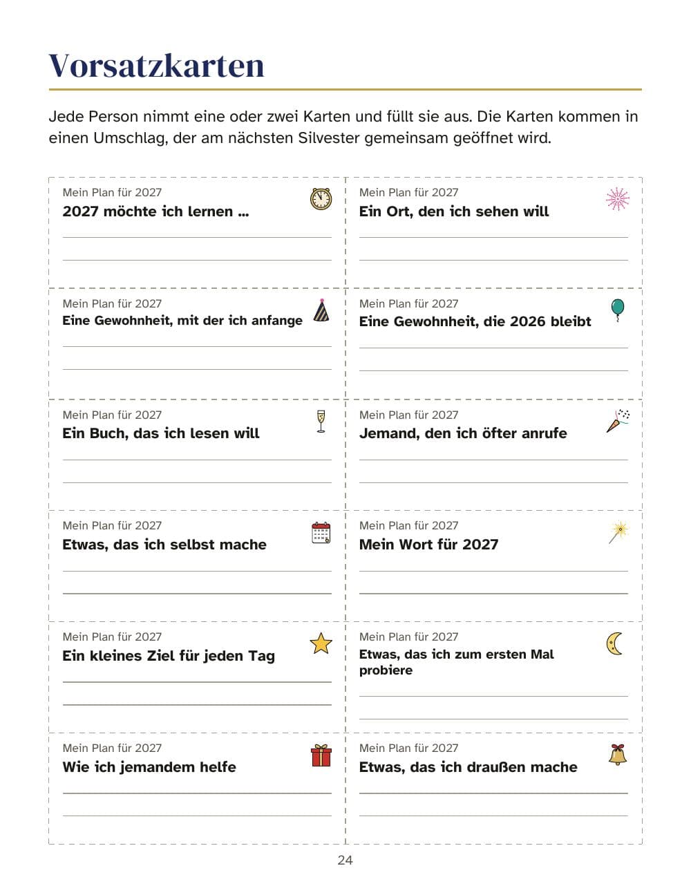 Vorsatzkarten: 12 Karten zum Ausfüllen für 2027: Seite 24 aus Silvester-Partyspiele: Bingo mit 30 Karten, Quiz, Vorsatzkarten für 2027 und Countdown bis Mitternacht