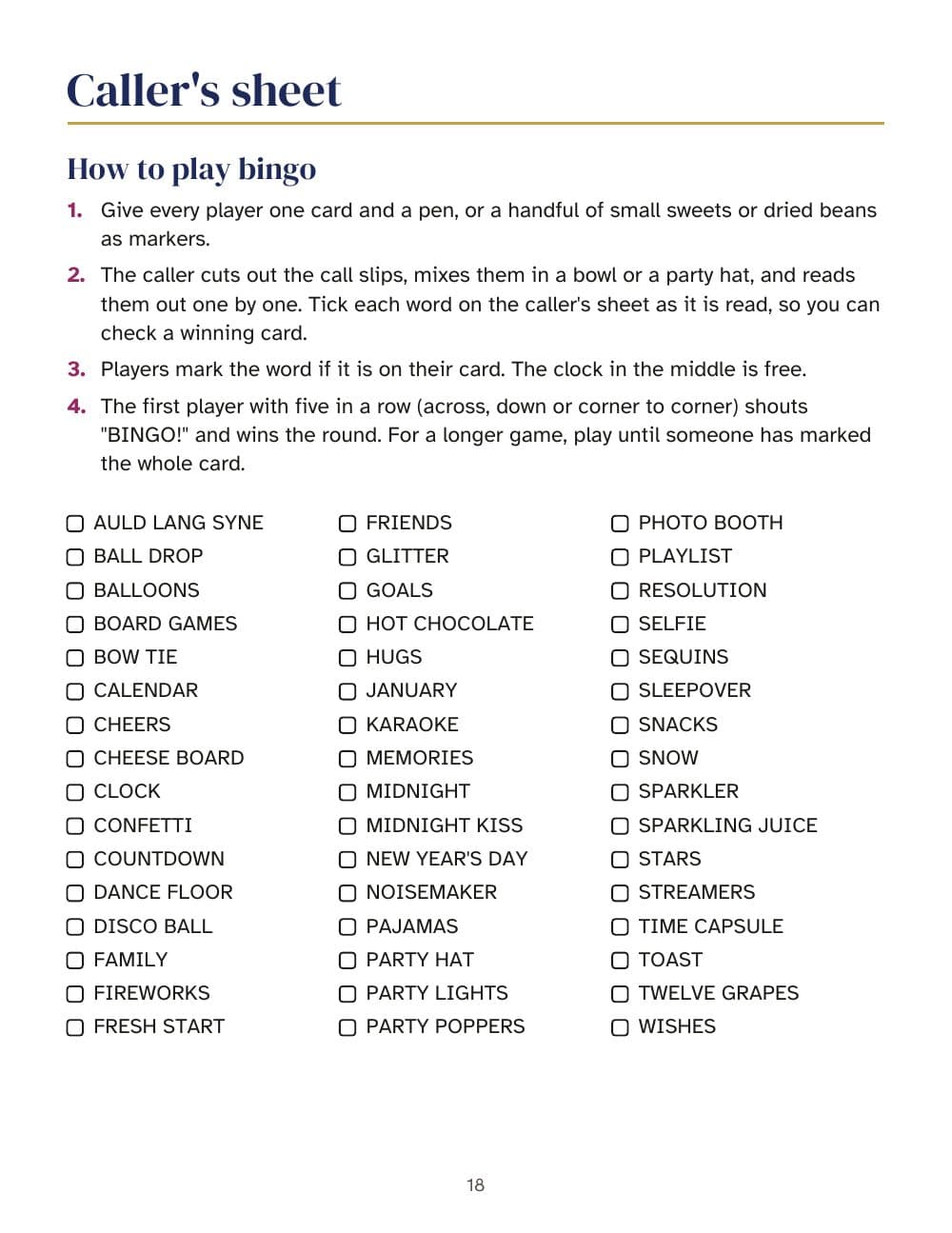 The caller's sheet: how to play, and the words to tick off: page 18 of New Year's Eve party games: bingo with 30 cards, quiz, resolution cards for 2027 and a countdown