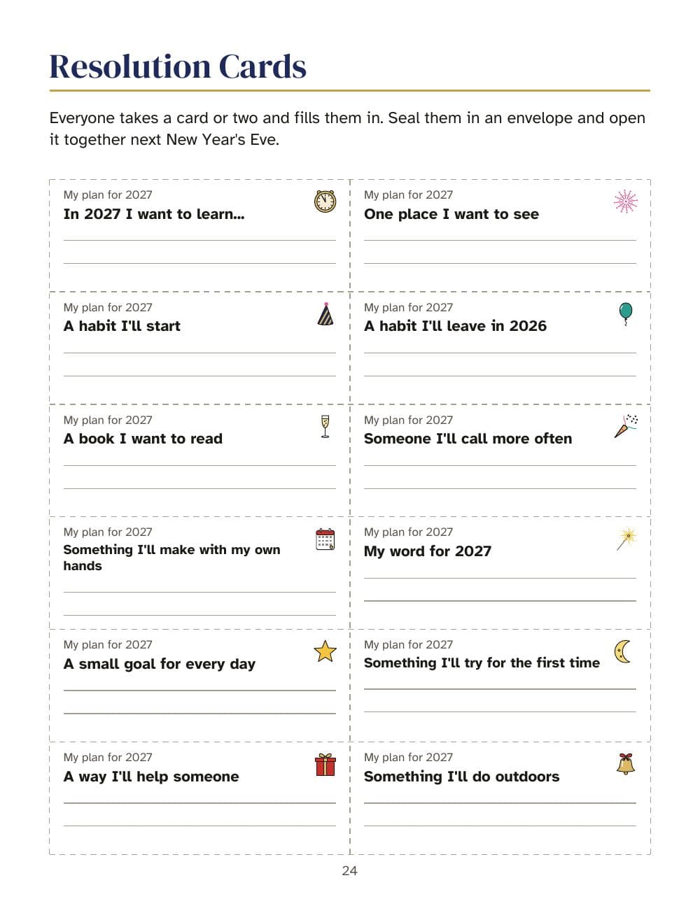 Resolution cards: 12 cards to fill in for 2027: page 24 of New Year's Eve party games: bingo with 30 cards, quiz, resolution cards for 2027 and a countdown