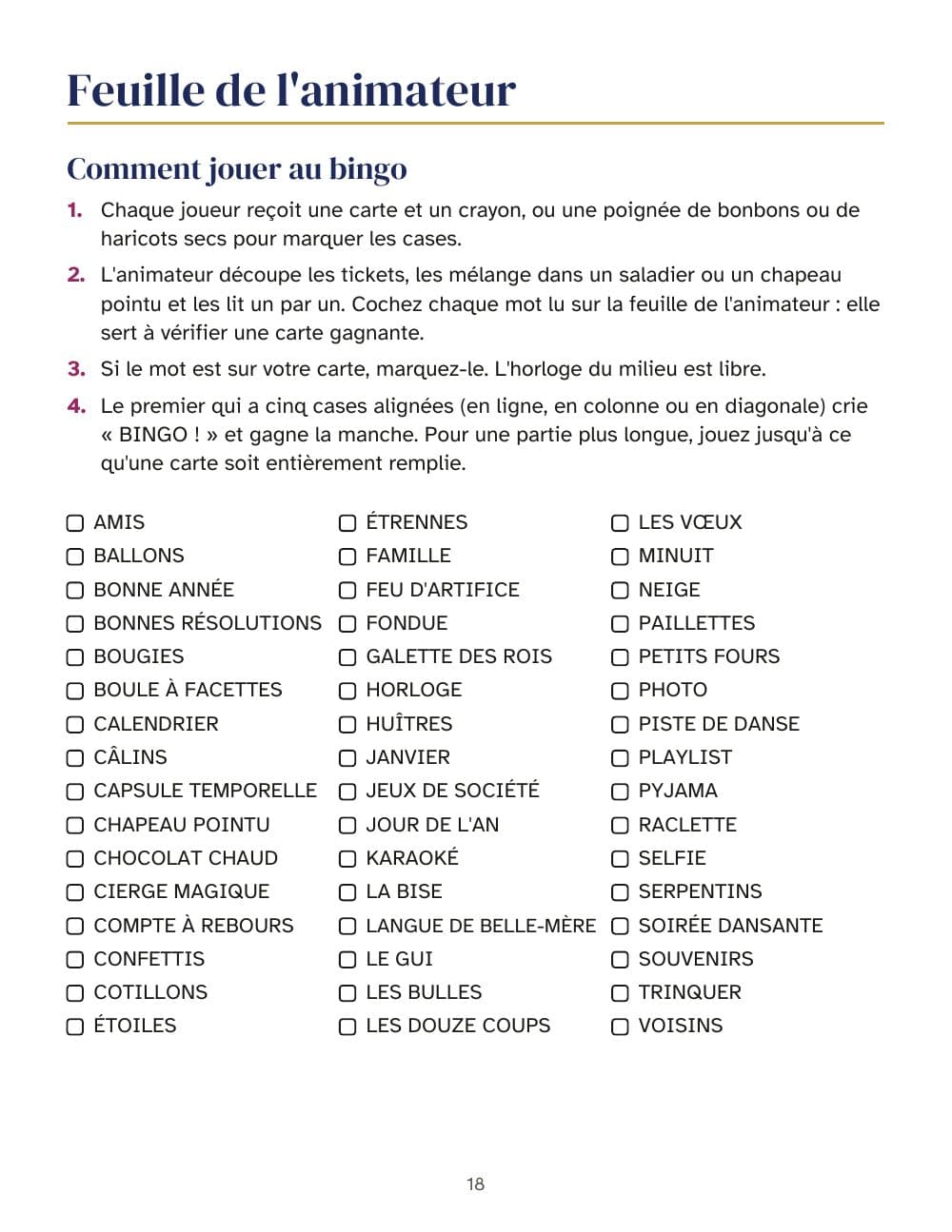 La feuille de l'animateur : la règle du jeu et les mots à cocher : page 18 de Jeux du réveillon du Nouvel An : bingo de 30 cartes, quiz, bonnes résolutions 2027 et compte à rebours