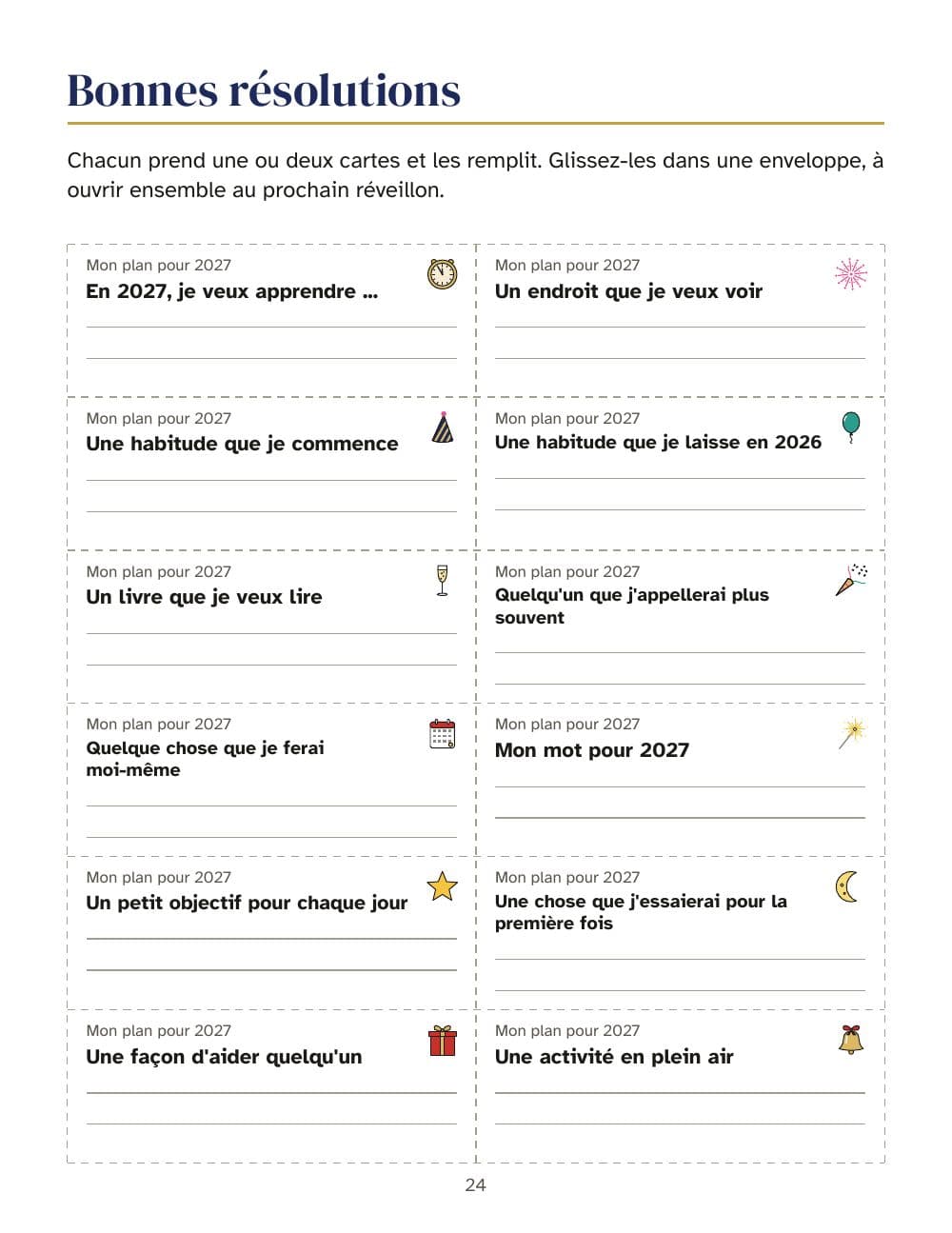 Bonnes résolutions : 12 cartes à remplir pour 2027 : page 24 de Jeux du réveillon du Nouvel An : bingo de 30 cartes, quiz, bonnes résolutions 2027 et compte à rebours