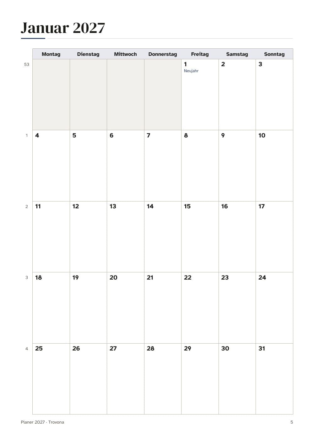 Januari 2027: de maand op één pagina: pagina 5 van Planner 2027: jaar, maand en week, met Duitse feestdagen (in het Duits)