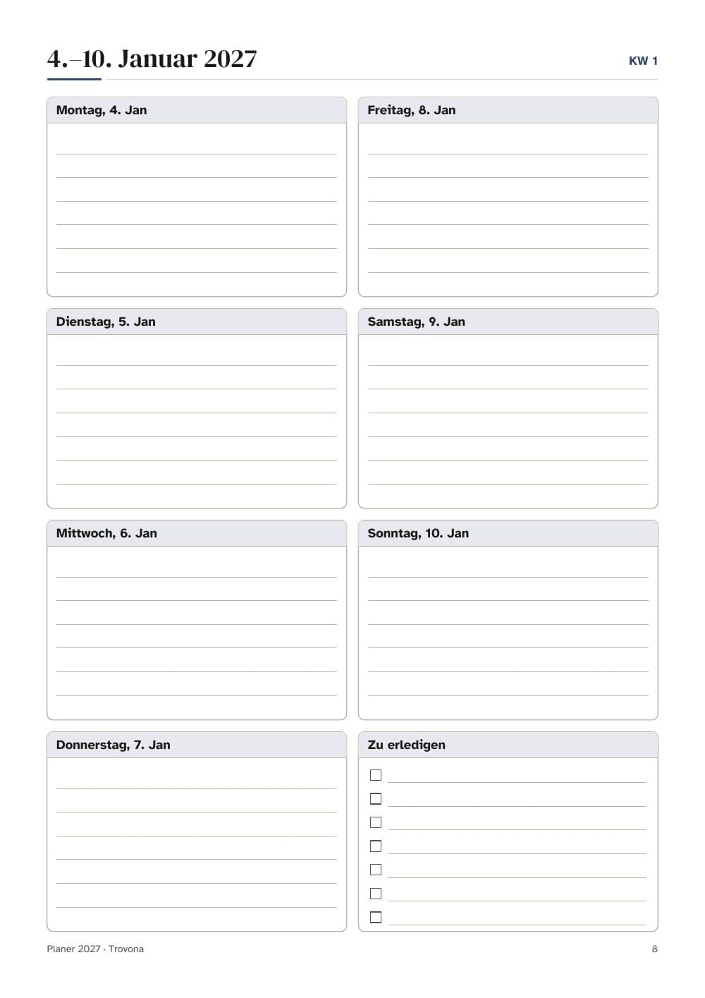 Een weekpagina: de eerste volle week van januari: pagina 8 van Planner 2027: jaar, maand en week, met Duitse feestdagen (in het Duits)