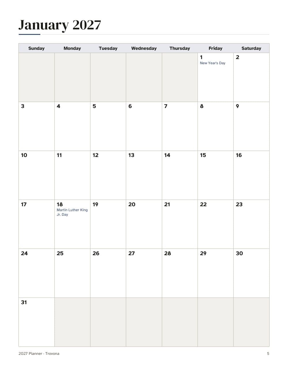 Januar 2027: der Monat auf einer Seite: Seite 5 aus Planer 2027: Jahr, Monat und Woche, Wochenbeginn am Sonntag, Feiertage der USA (auf Englisch)